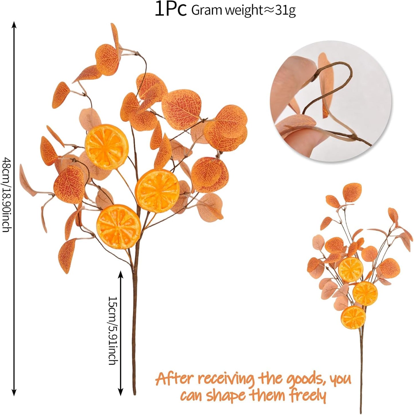 Eucalyptus Stems, 4PCS Artificial Lemon Stems Faux Citrus Branches Plastic Decor for Kitchen, Table Centerpieces, Entryway, Thanksgiving Wedding Party (Orange)