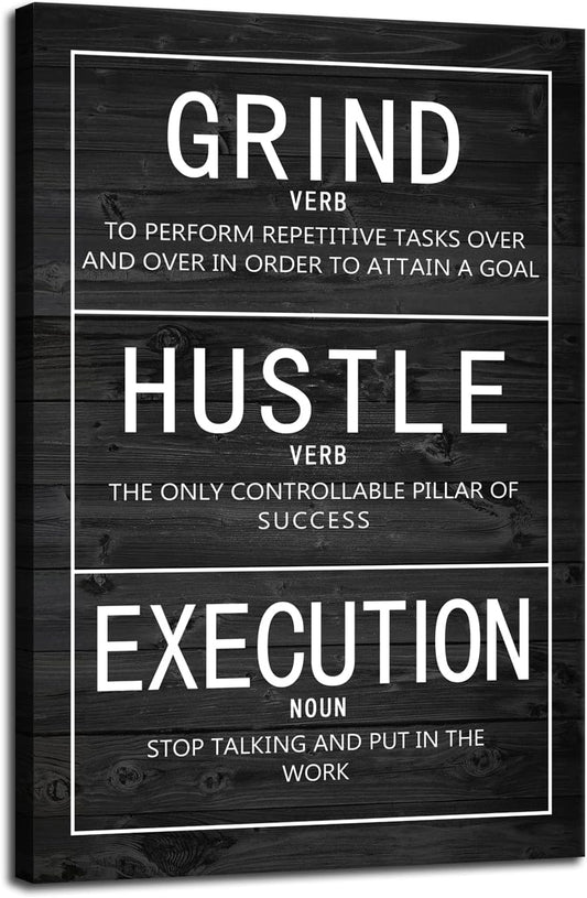Grind Verb Hustle Verb Execution Noun Inspirational Canvas Painting Wall Art Motivational Poster Prints Artwork Pictures for Home Decor Office Framed Ready to Hang [24''W x 36''H]