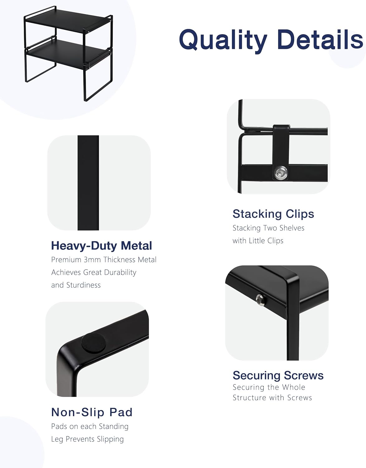 Nxconsu 2Pack Cabinet Shelves Stackable Shelf Organizer Rack Riser for Kitchen Cabinet Pantry Cupboard Counter Countertop Home Organization Storage Space Saver Heavy Duty Metal Nonslip Black Wide Tall