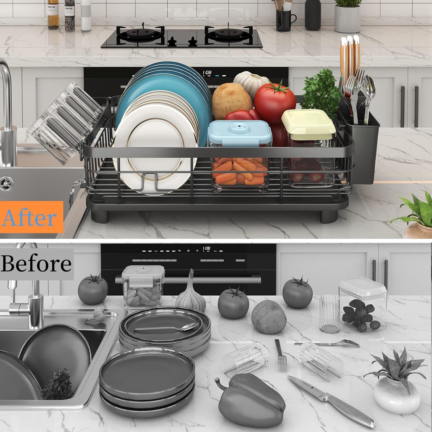 Godboat Dish Drying Rack, Dish Rack with Auto-Drain & Mat, Dish Drainers for Kitchen Counter, Glass Organizer for 4 Cups, 3 Slots Utensil Holder, Gifts for Women Mothers Day, Kitchen Gadgets & Decor