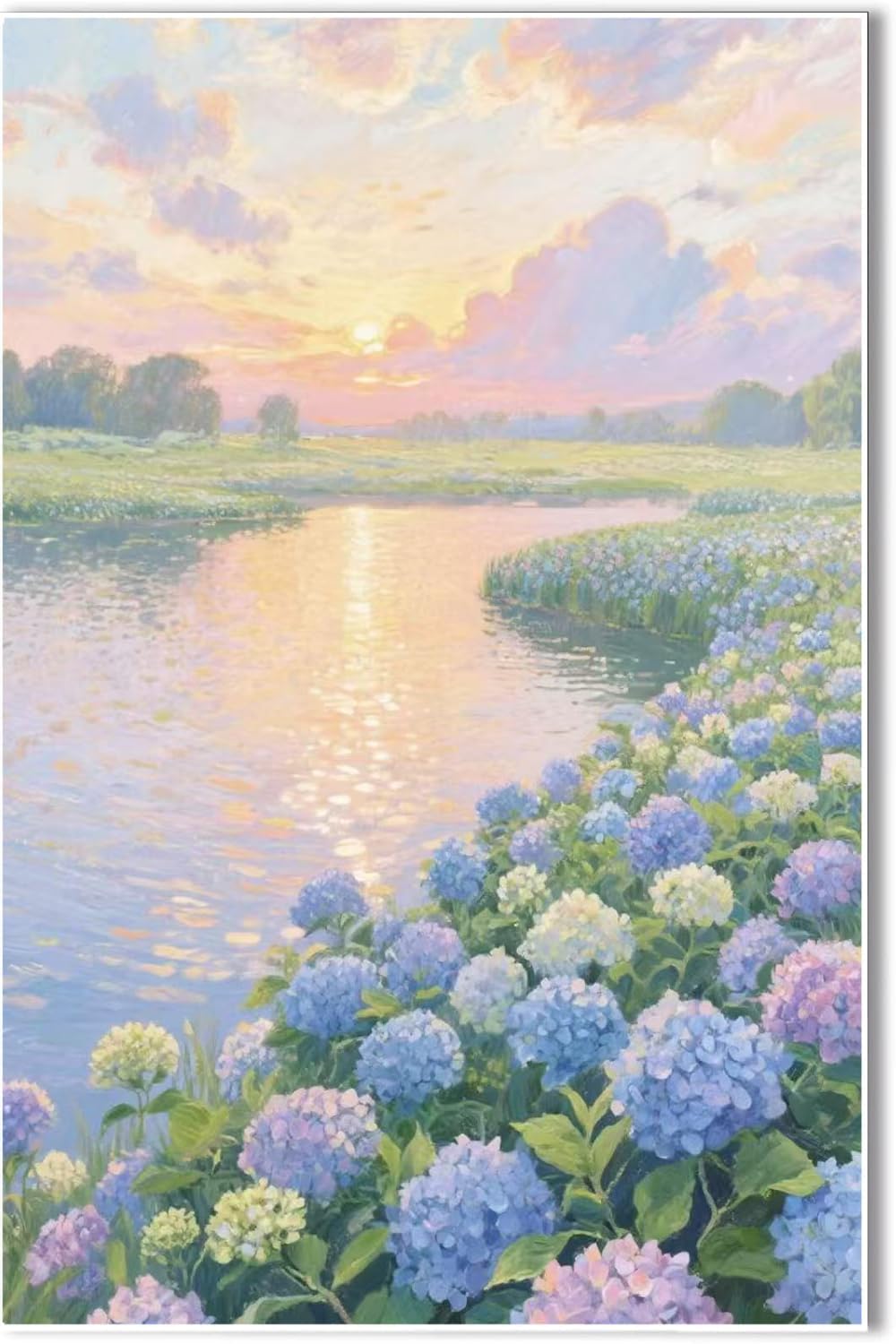 The hydrangea scenery all over the lake at sunset is suitable for posting in the living room bedroom office landscape poster wall painting