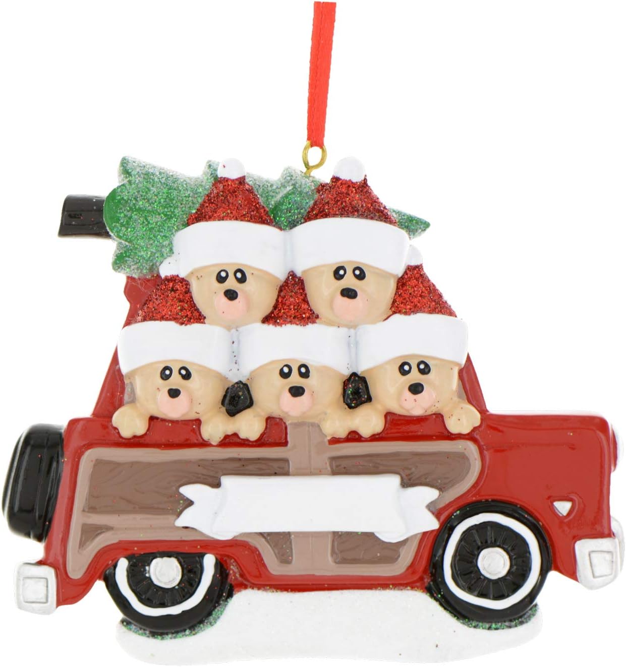 3D Road Trip Bears Family of 5 Ornament 2025 Personalized Family Christmas Ornaments 2025 | Snowy Tree Red Truck Personalized Tree Ornaments for Grandchildren, Siblings & Grandkids of Five Ornament