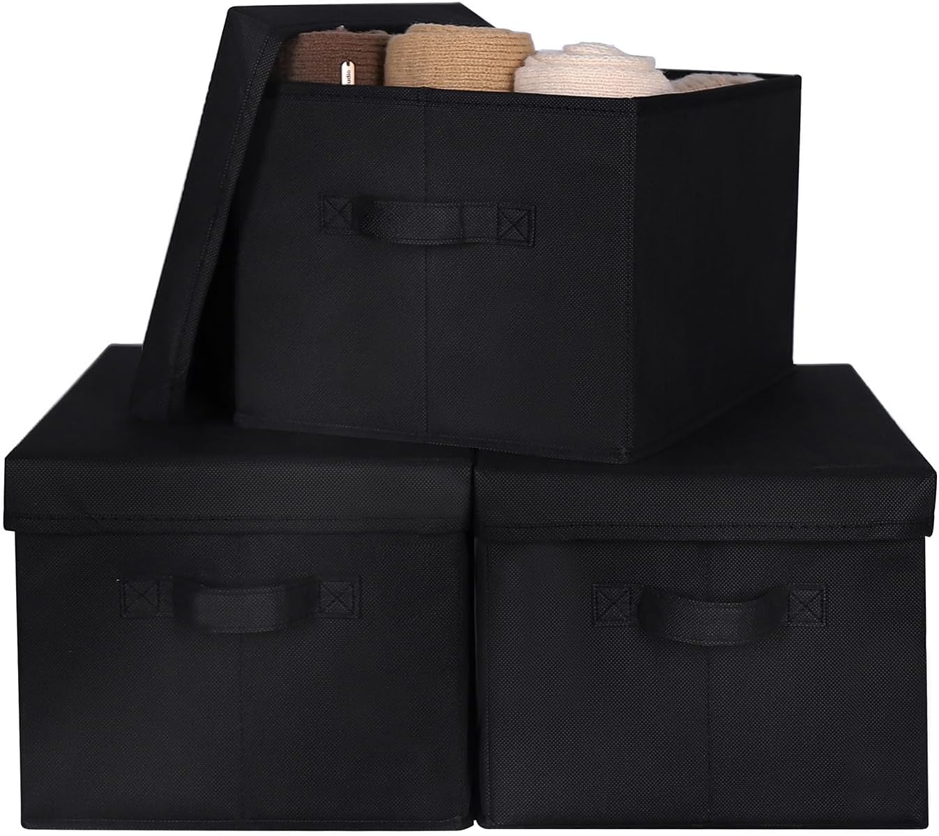 WUIKE 3 Pack Large Fabric Storage Bins with Lids, Decorative Storage Boxes with Handles, Storage Baskets for Shelves, Foldable Storage Containers, Closet Organizers for Towels, Clothes, Black