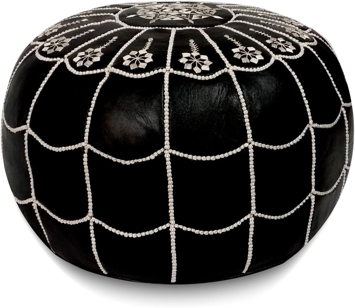 Stuffed Arch Design Moroccan Leather Pouf Ottoman, Handmade, Pre-Filled, 100% Genuine Leather, 14” Height x 22” Diameter – Boho Chic Footstool & Living Room Décor (Black)