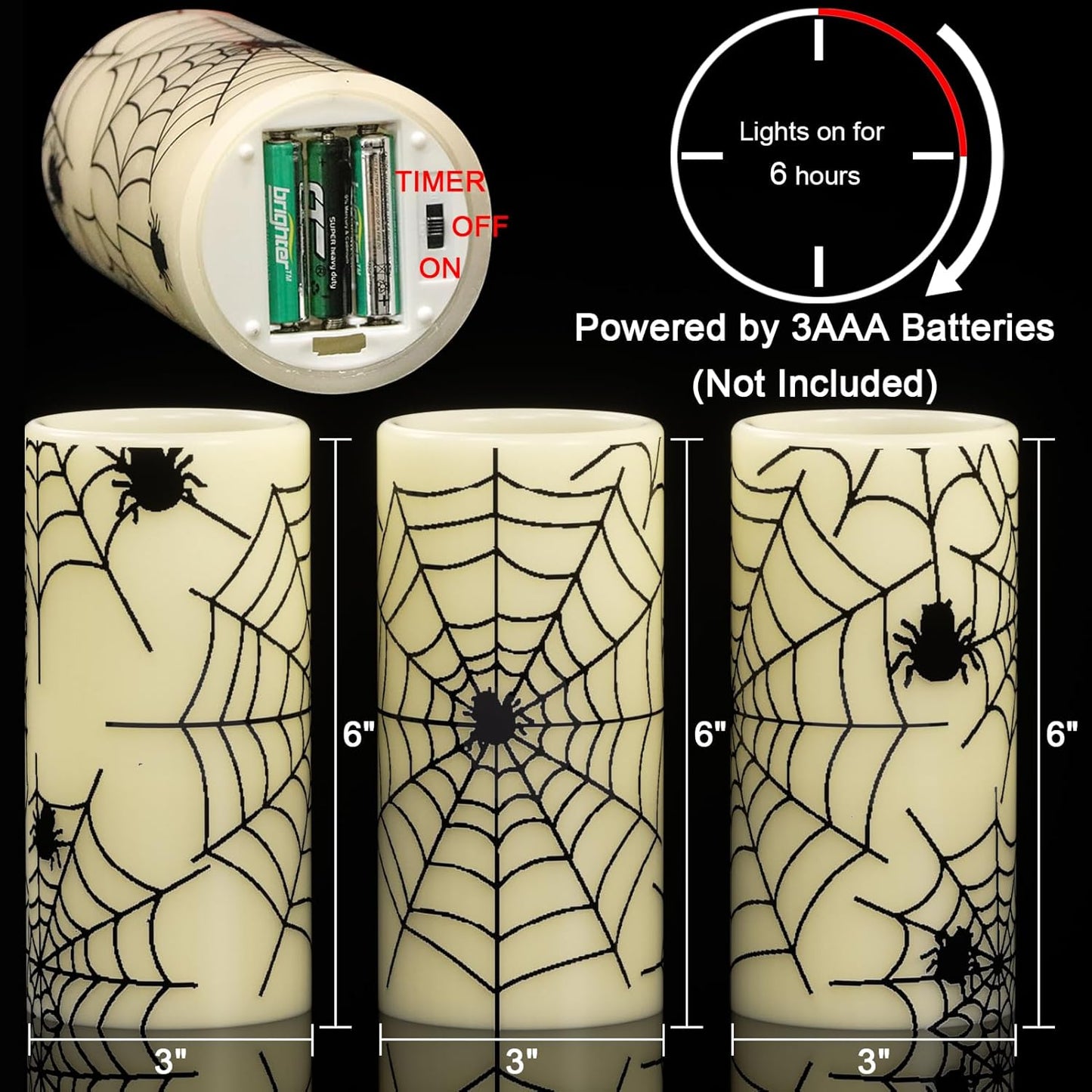Wondise Halloween Flickering Flameless Candles with Spider Decals, Battery Operated Candles with 6hrs Timer, Real Wax Halloween LED Candles for Horror Spooky Halloween Home Decoration(Set of 3, 3"x6")