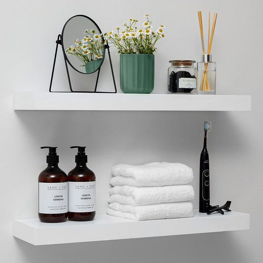 Homeforia White Floating Shelves 24 inch, High End Solid Real Wood 24inch Bathroom Floating Shelf for Wall Mounted, White Wooden 24in Floating Shelves, Heavy Duty Bracket, 24 X 6.5 X 1.75 in, Set of 4