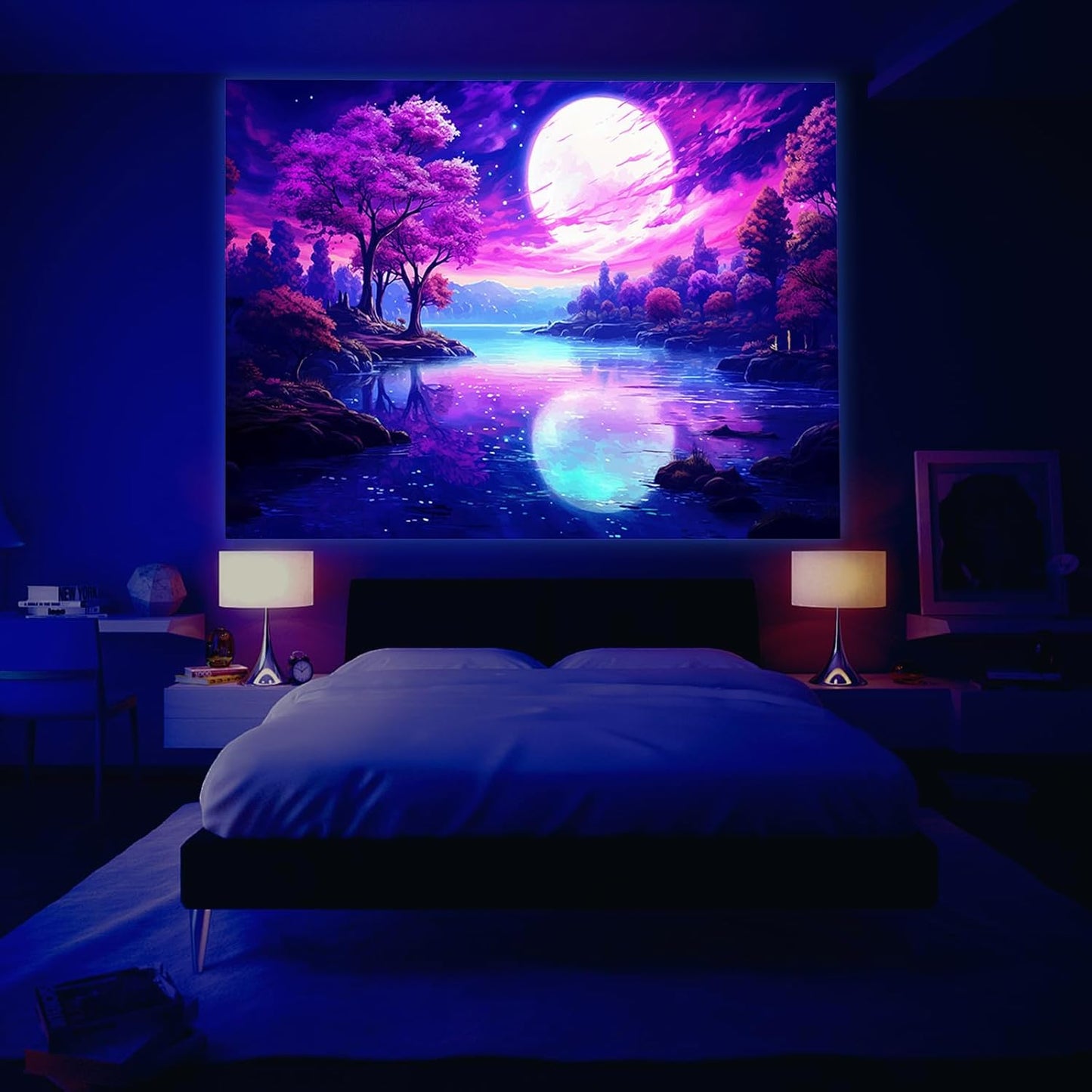 Atrippy Blacklight Pink Tapestry for Bedroom, UV Reactive Mountain Nature Tree Room Decor Wall Tapestries, Moon Landscape Forest Backdrop for Living Room Dorm Office 40" X 60"