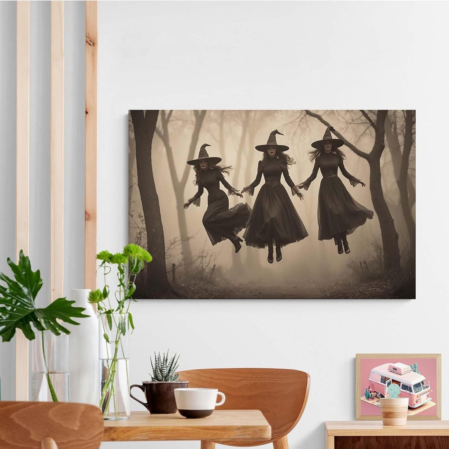 JFHCQJPK Three ghost witches flying in vintage forest gothic wall art witchcraft decoration holiday gift canvas wall art print20x30in Frameless