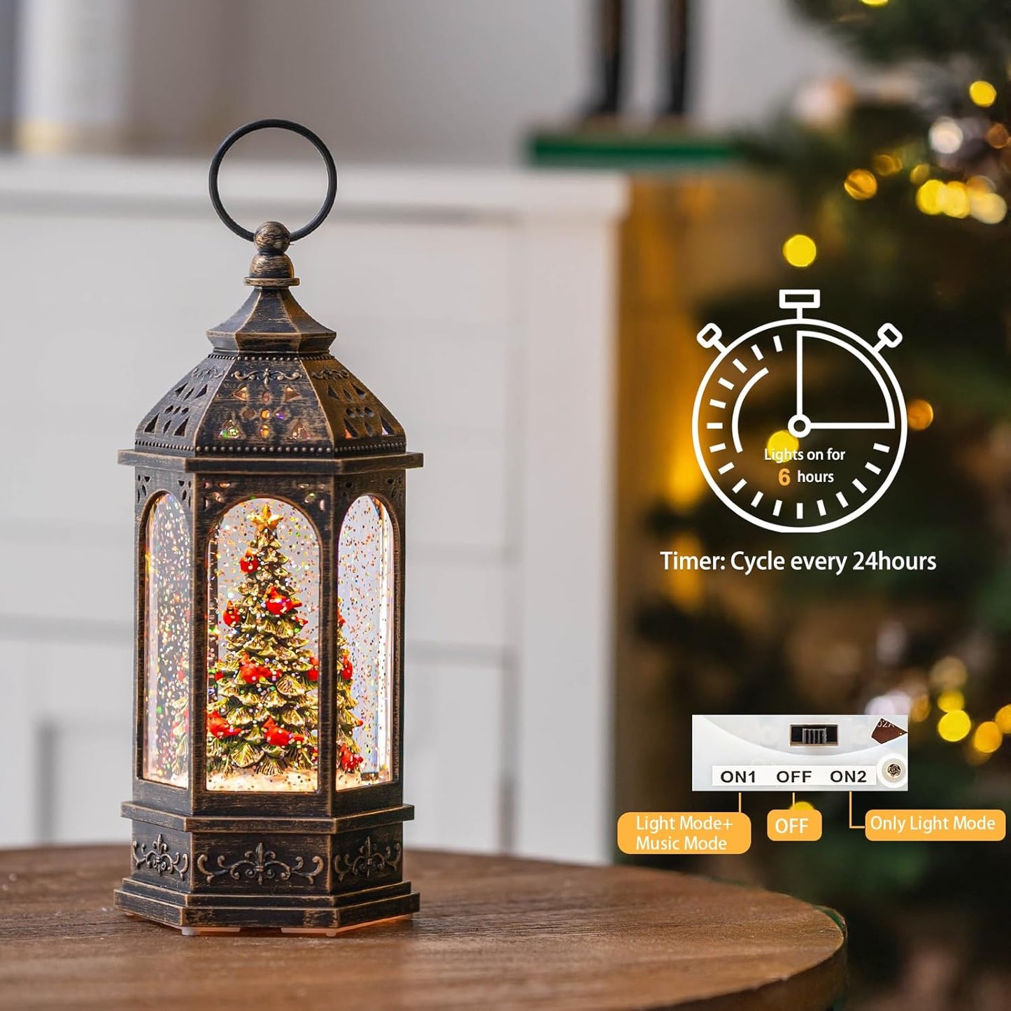 Christmas Snow Globe Lantern Water Glittering Christmas Tree with Cardinal, USB Lined/Battery Operated Lighted Lantern for Christmas Festival Decoration Gifts