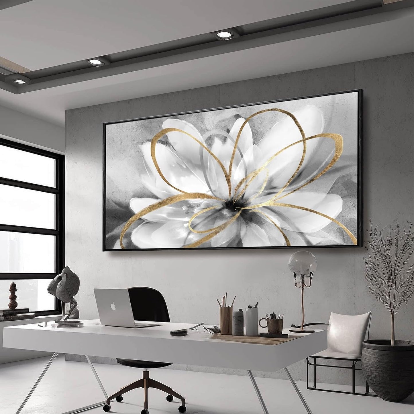 Kureful Botanical Canvas Wall Decor Abstract Floral Wall Art for Home Grey Artwork Contemporary Wall Painting for Office Large Size 29"x 58" Poster