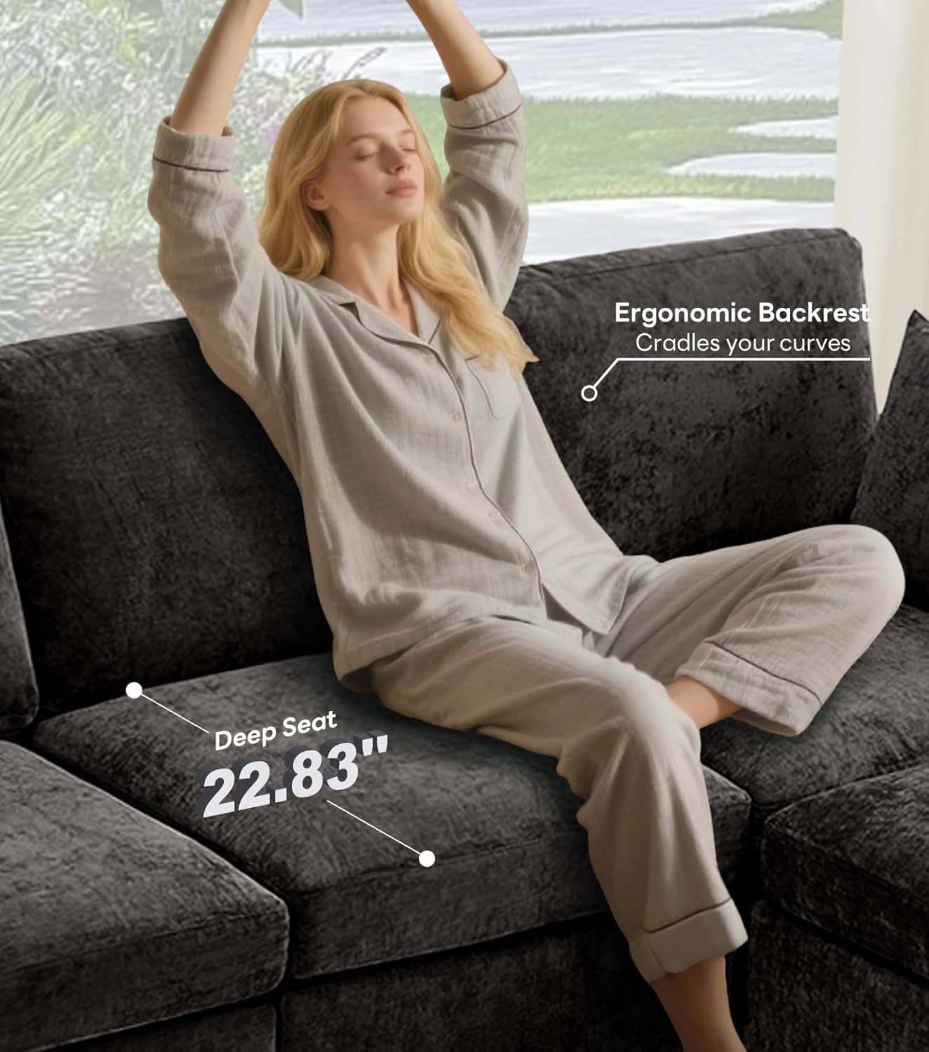 Tbfit Modular Sectional Couch, Sofa for Living Room, Chenille Cloud Couch with Ottoman 6 Seat, Black