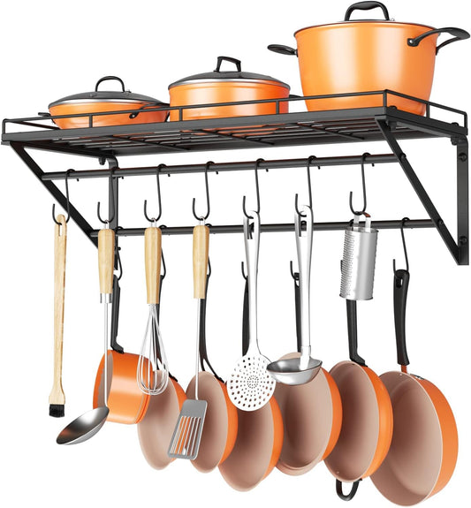 OROPY 31 Inch Wall Mounted Pot Rack Storage Shelf with 2 Tier Hanging Rails 14 S Hooks included, Ideal for Pans, Utensils, Cookware - Black