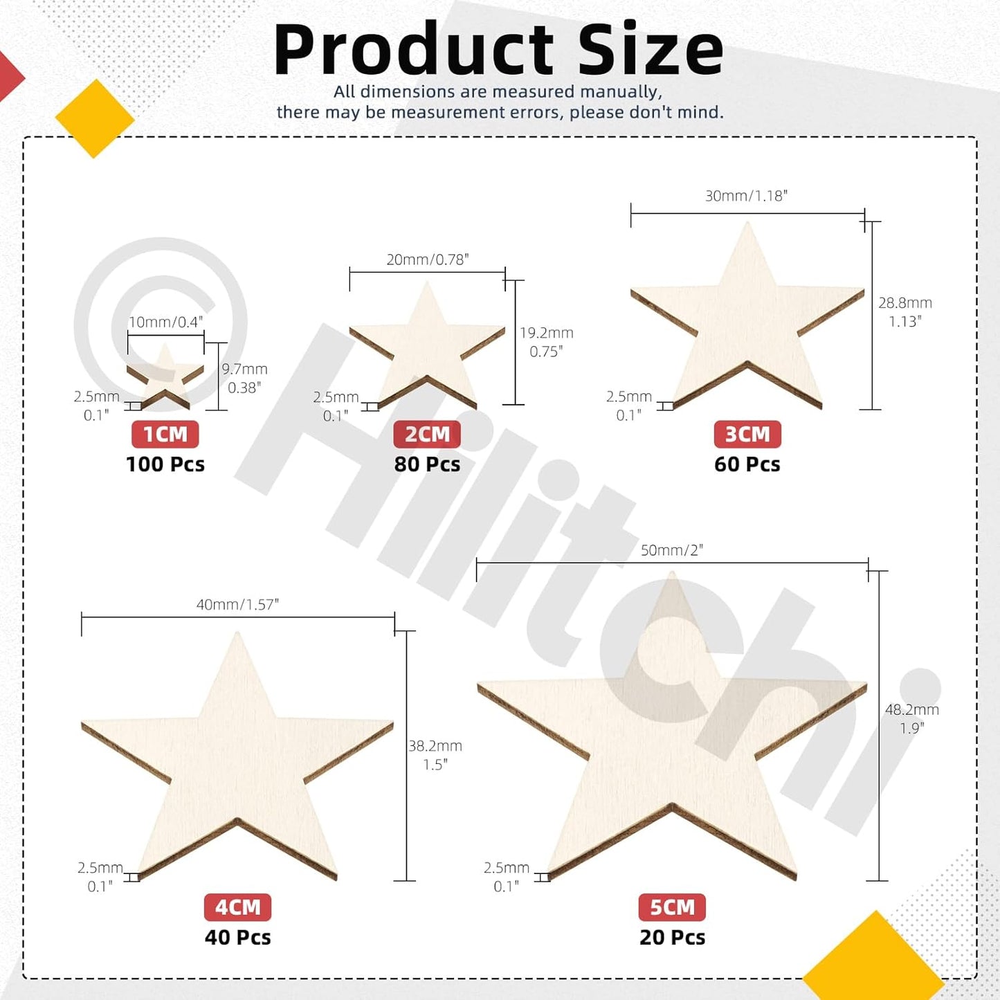 Hilitchi 300Pcs 5Sizes Unfinished Wooden Stars Wood Stars Craft Unfinished Wooden Stars Ornanents Wooden Stars Shape Blank Wood Ornaments Cutout Blank Wood for DIY Art Crafts Home Decorations