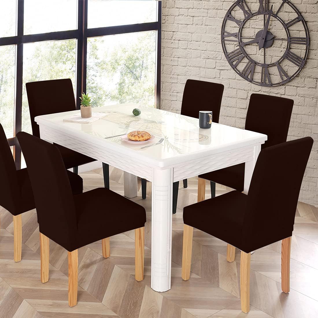JQinHome 6 Pcs Dining Chair Slipcover,High Stretch Removable Washable Chair Seat Protector Cover for Home Party Hotel Wedding Ceremony (Pack of 6, Coffee)