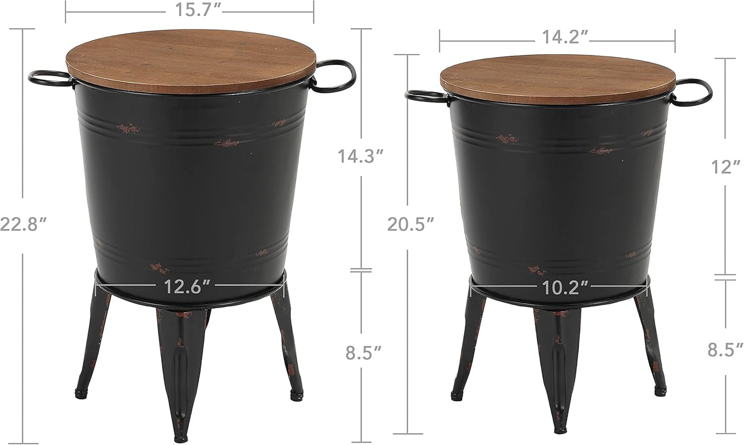 Rustic Storage Farmhouse Accent Side Table, Antique Galvanized Metal End Coffee Cocktail Table Box Bin with Round Wooden Lid Set of 2 (Black)