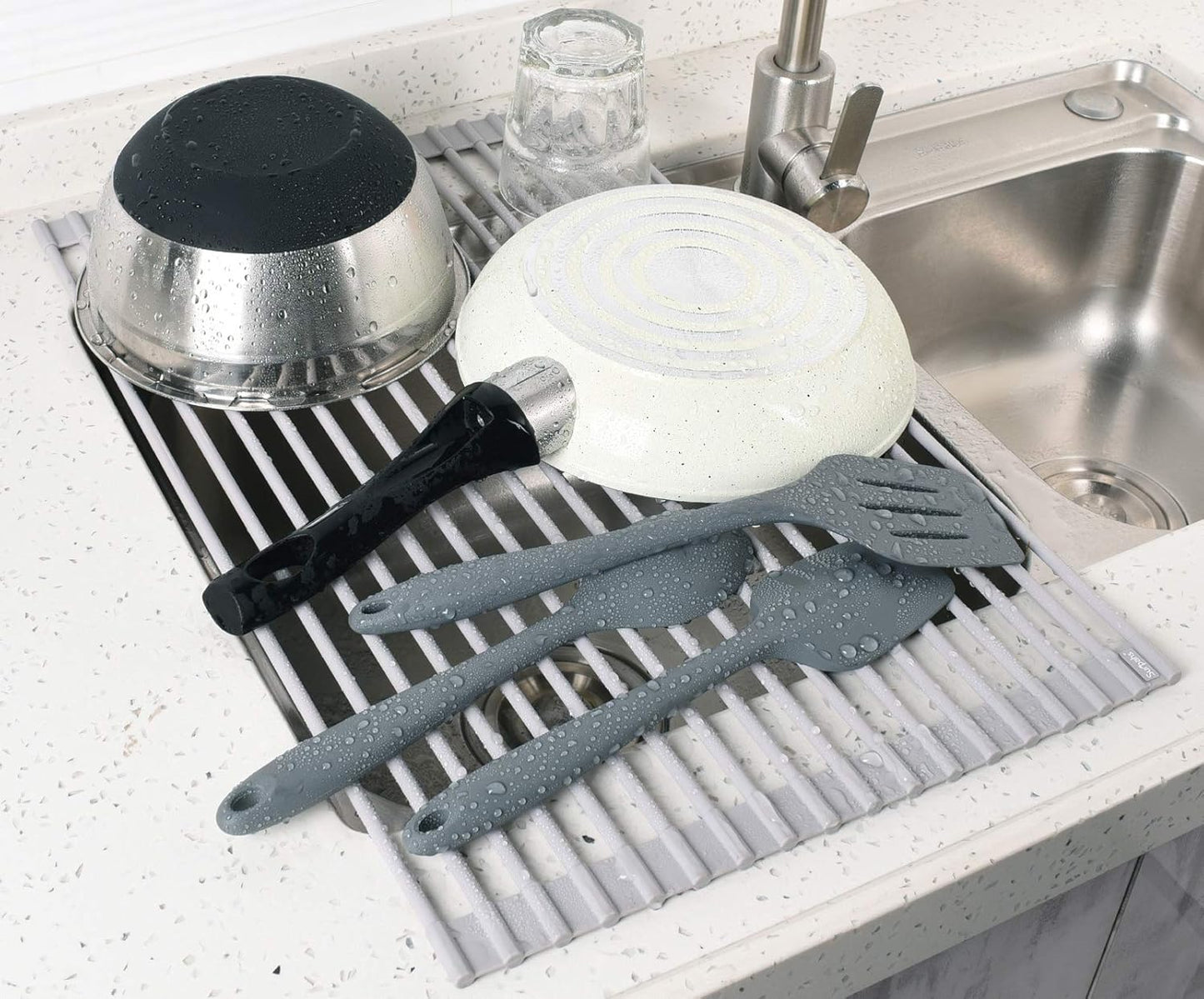 Surpahs Over Sink Foldable Multipurpose Roll-Up Dish Drying Rack, Silicone Wrapped Stainless Steel, Warm Gray, 20.5" x 13.1"