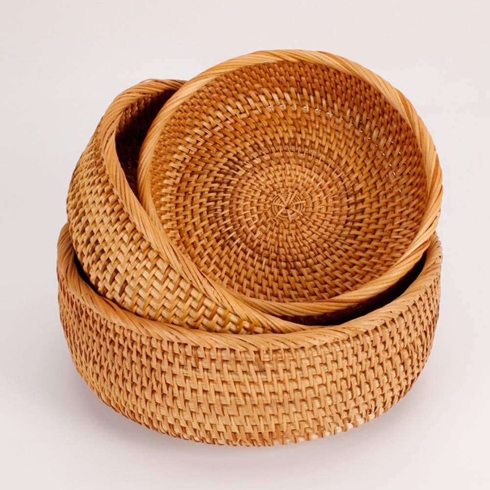 3 Pack Hadewoven Round Rattan Fruit Basket Wicker Food Tray Weaving Storage Holder Dinning Room Bowl, 10 Inch Small Wicker Basket Serving Tray Woven Basket for Bread,Snack,Brown(3-Size Kit)