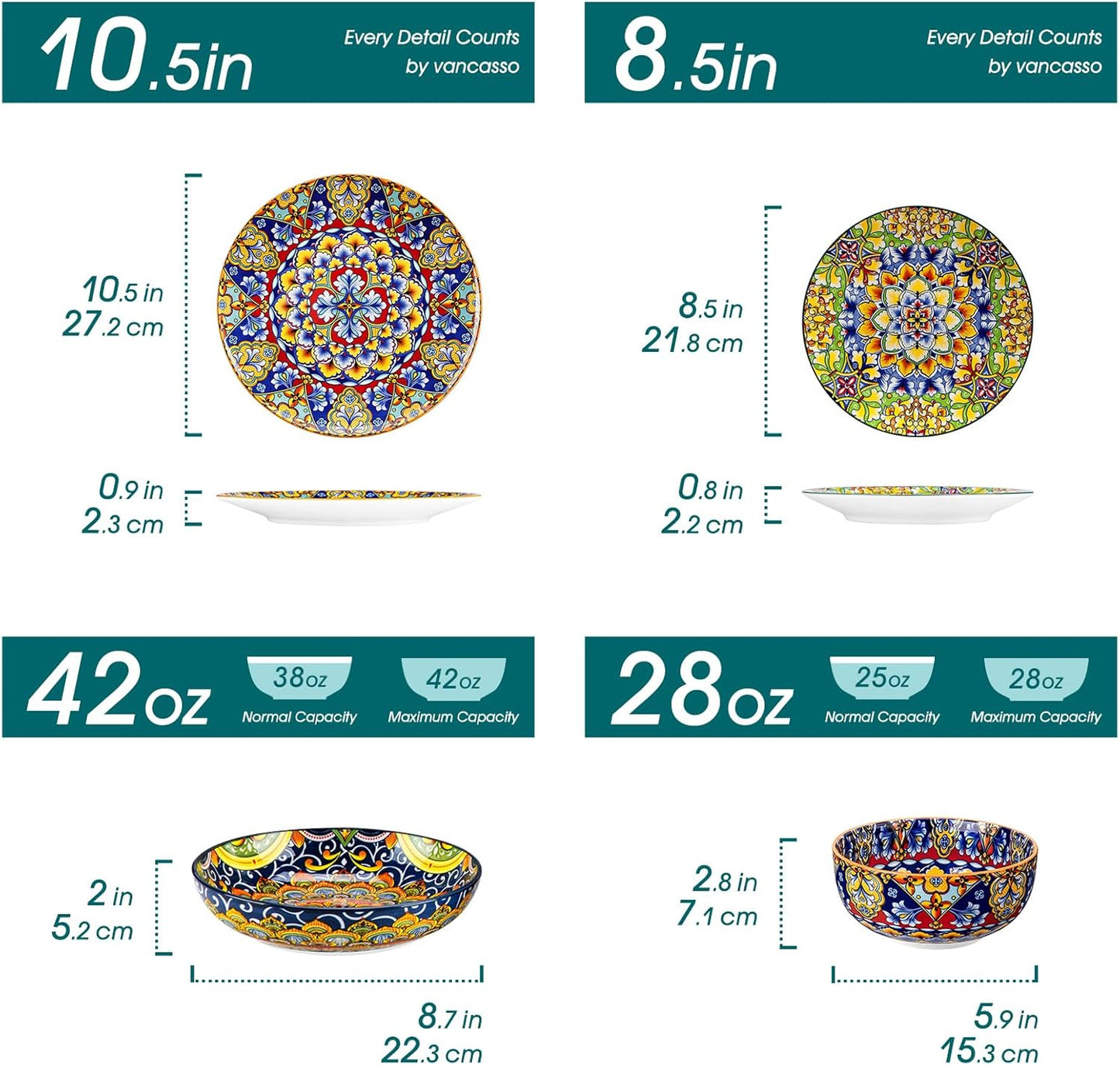 vancasso 24 Pieces Dinnerware Sets, Plates and Bowls Set, Porcelain Dishes Set for 6, Microwave and Dishwasher Safe, Scratch Resistant, Bohemian Style Dining Ware Service for 6, Series SIMI