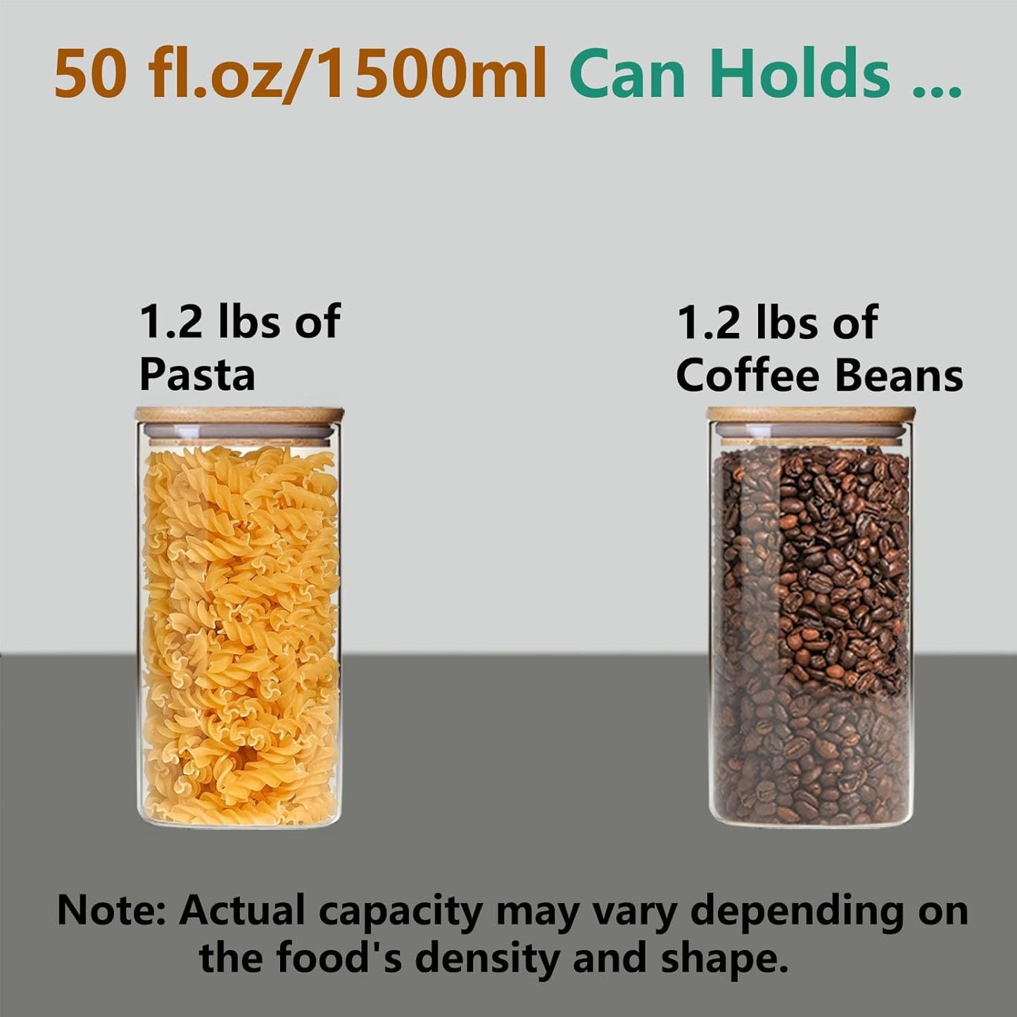 Square Glass Jars Canister with Wood Lid 50 FL OZ [Set of 3], Container Jar with Sealing, Lids for Oat Pasta Flour Cereal Rice Sugar Tea Coffee Beans, Best for Kitchen & Pantry