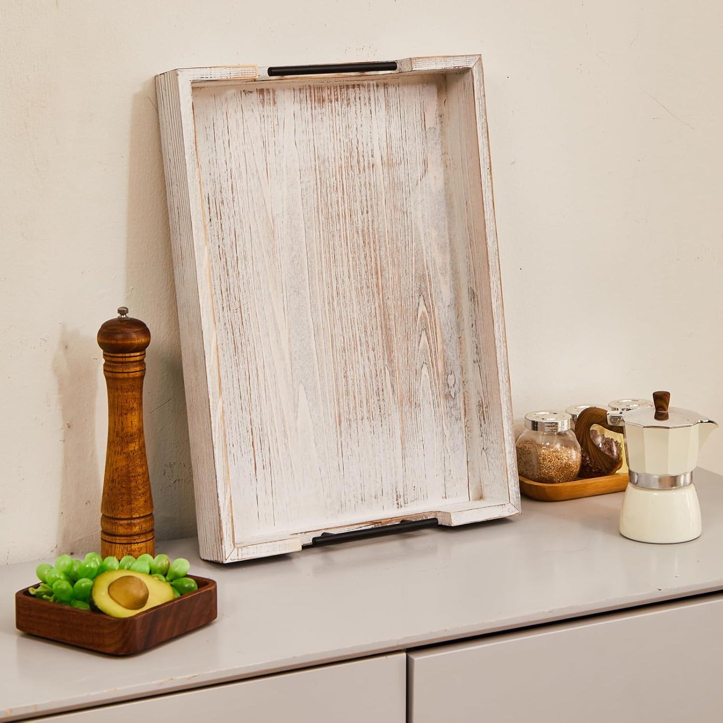 Ottoman Tray Large Serving Trays Farmhouse Decor Wooden Coffee Table Platter with Handles White Tray for Bed Kitchen Living Room 19 * 14Inch