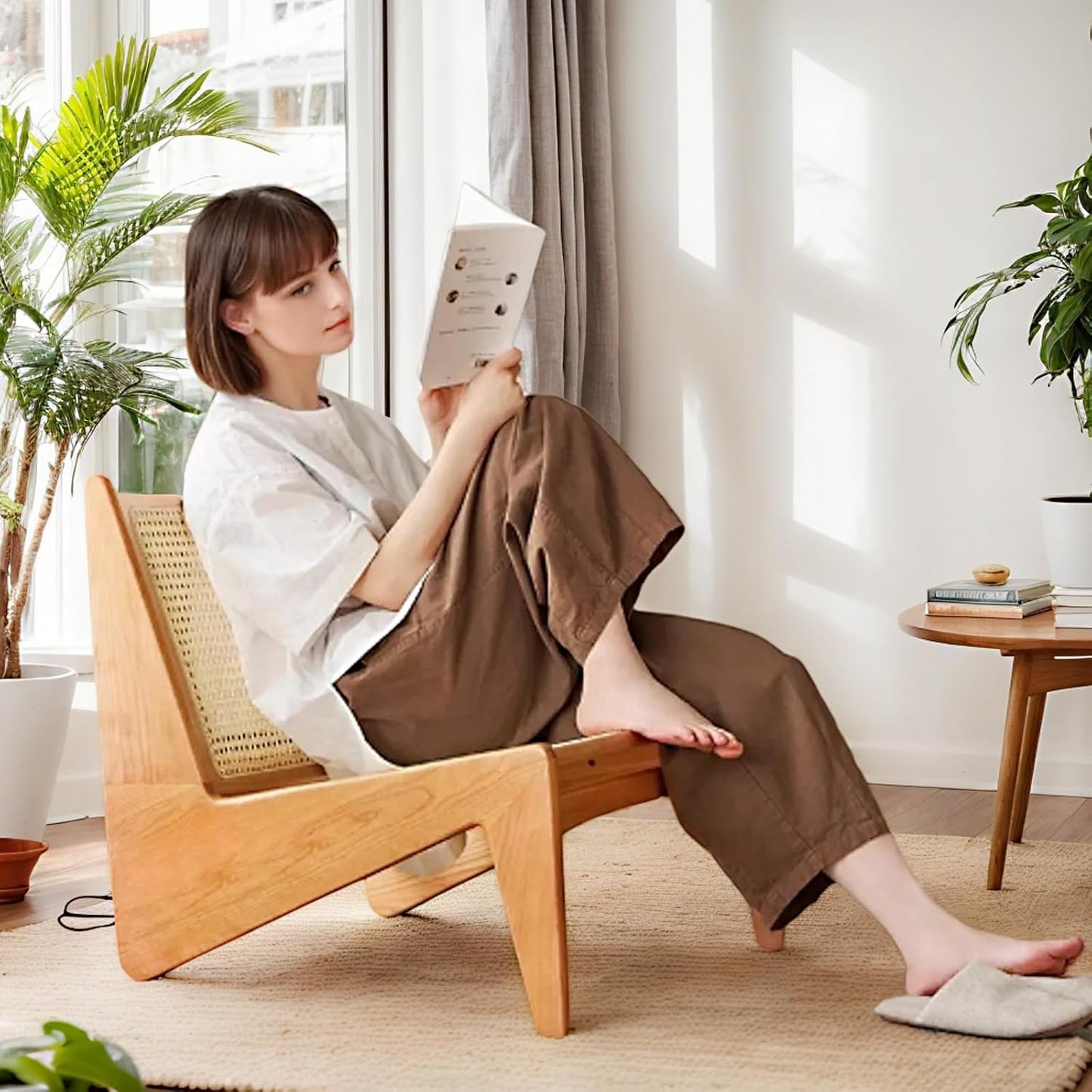 Rattan Chair 2Pcs, Mid Century Modern Accent Chair, Leisurely Reading Chair for Living Room（Wood）