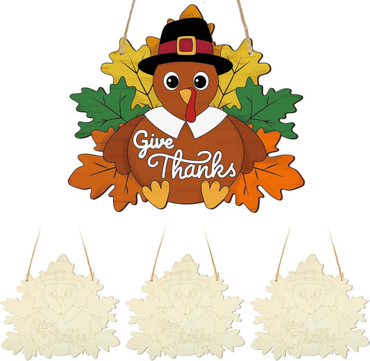 Paintable Thanksgiving Ornaments 3 Sets, Wooden Turkey Ornaments to Paint, Unfinished Give Thanks Wreaths Wood Crafts for Painting, Wood Cutouts DIY Ornament for Door Decor