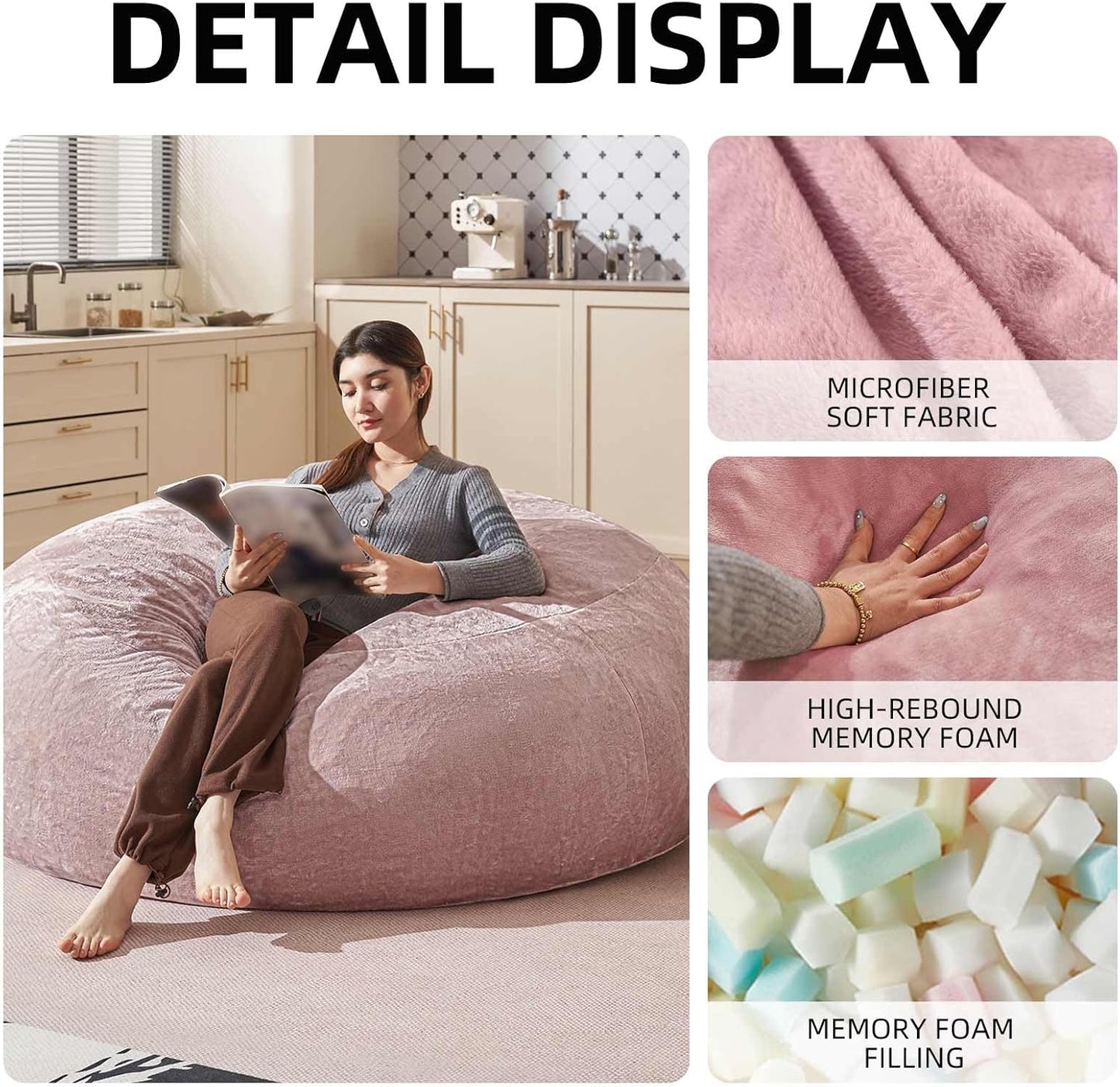 Bean Bag Chair 6Ft, Memory Foam Filled, Large Beanbag Chairs for Adults and Teens, Soft Sofa with Removable Flannel Cover, Round Couch for Living Room Bedroom College Dorm (Pink, 6FT-67×67"×24")