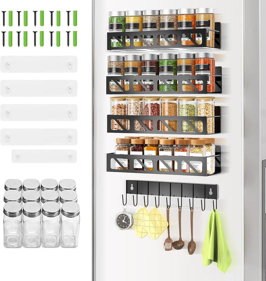Magnetic Spice Rack Organizer for Fridge Seasoning Organizer for Kitchen storage with Screw or Adhesive Hanging,Magnetic Shelf with Hook for Refrigerator and Oven (Black, 5pack&12pcs)