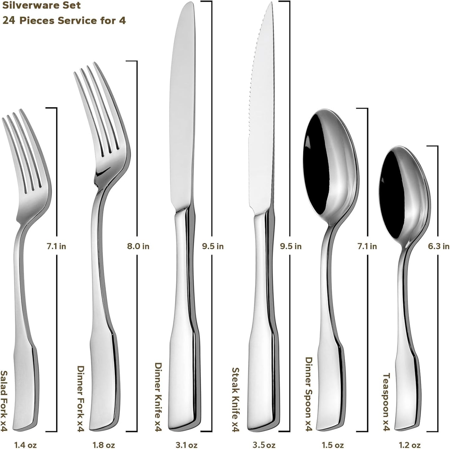 Alata Kate 24-Piece Silverware Set with Steak Knife, Stainless Steel Flatware Set Service for 4, Mirror Polished Cutlery Set Dishwasher Safe