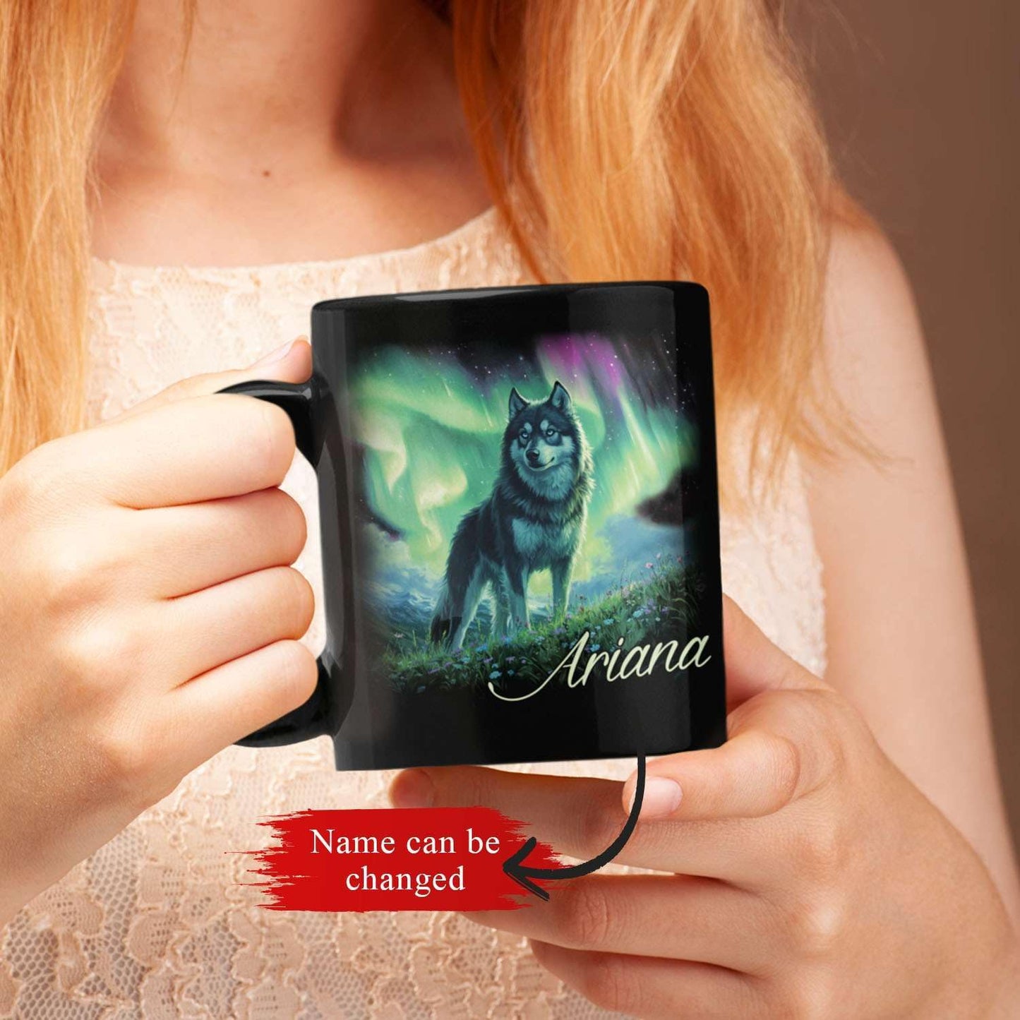 Personalized Husky With Northern Lights Coffee Mug, Custom Name Black Cup 11oz 15oz, Customized Cute Husky Dog Ceramic Mug, Gift For Animal Lovers, Beautiful Landscape Keepsake Cup