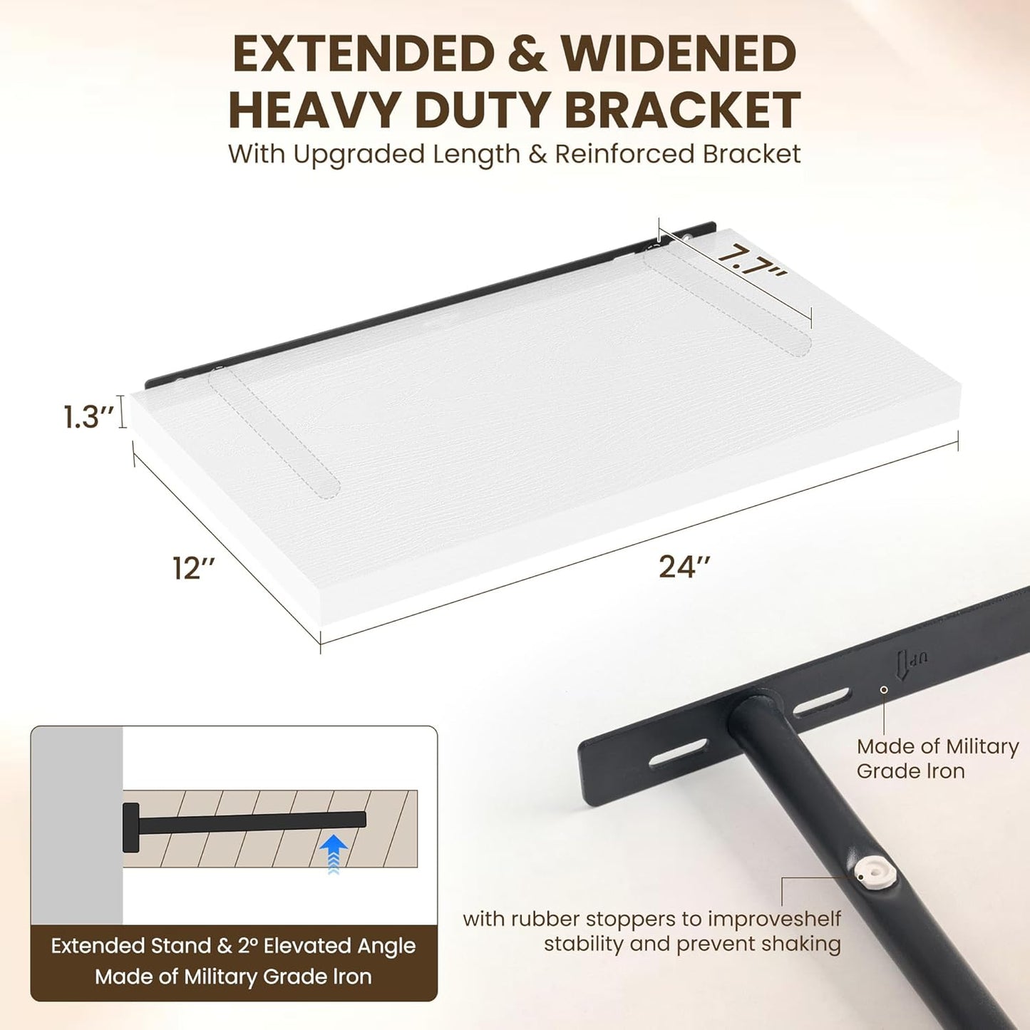 24" Floating Shelves for Wall, 12" Deep Slim White Floating Shelves, Wall-Mounted Shelves for Bedroom, Living Room, Kitchen, Bathroom - Set of 2