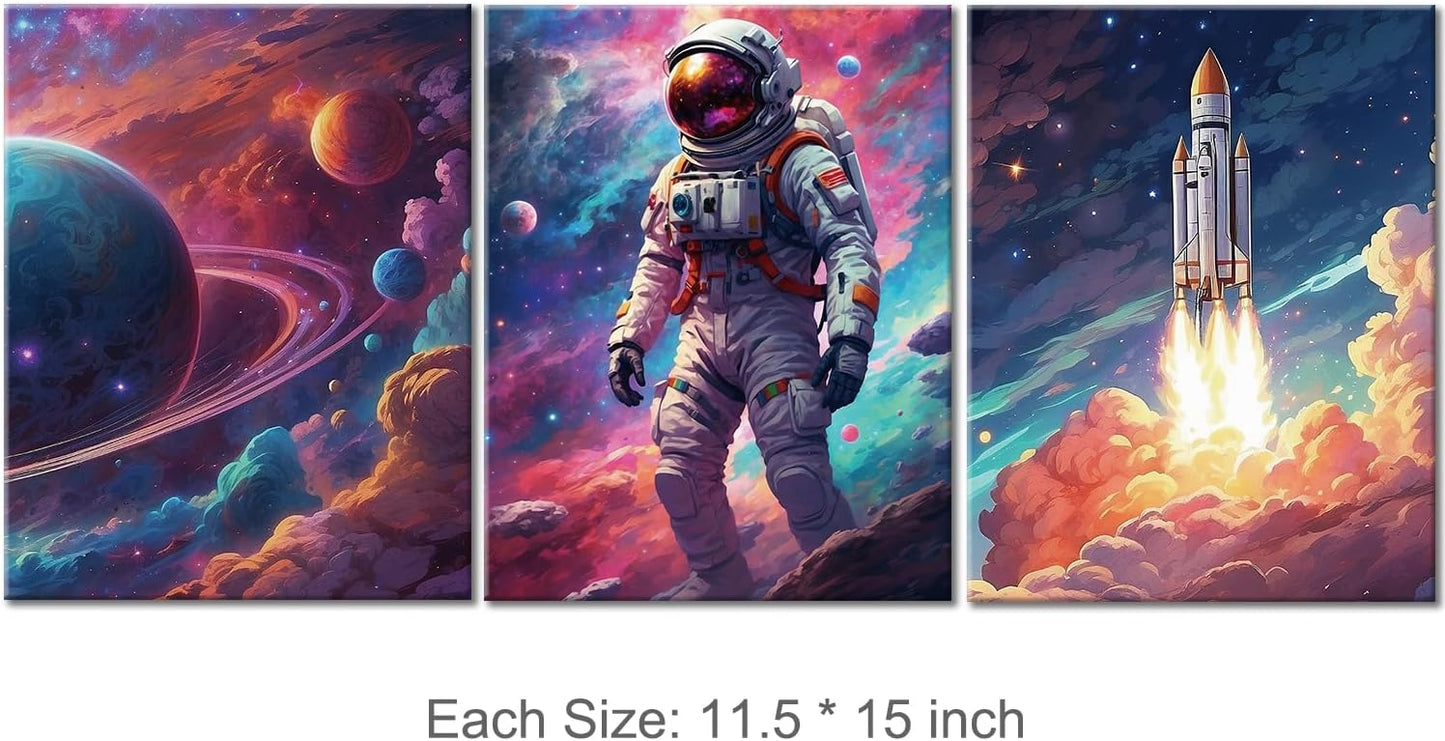 Outer Space Art Wall Decor Astronaut Spaceman Planets Spaceship Canvas Prints Posters Framed Artwork Space Room Boys Bedroom Playroom Nursery Home Space Decorations, 3 Panels