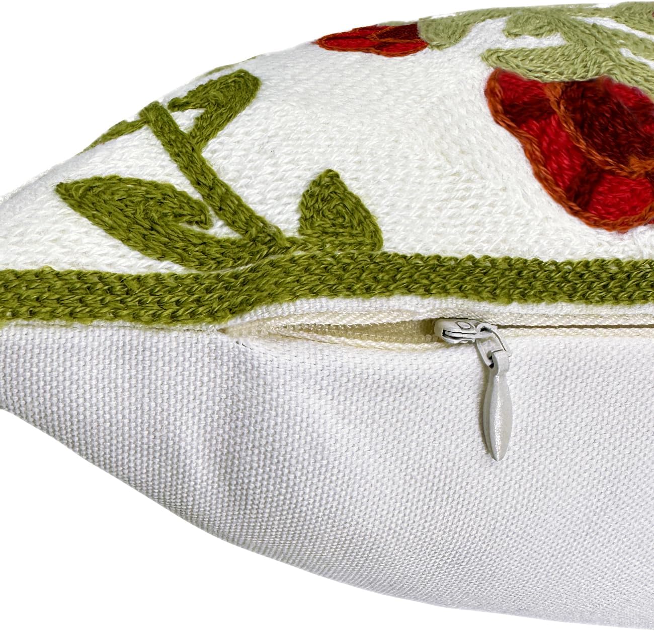 Alysheer Floral Embroidered Summer Lumbar Decorative Throw Pillow Cover 12"x 20", Farmhouse Cottage Red Flowers Green Leaves Patterned Cotton Canvas Cushion Case for Sofa Couch Bed Living Room Decor