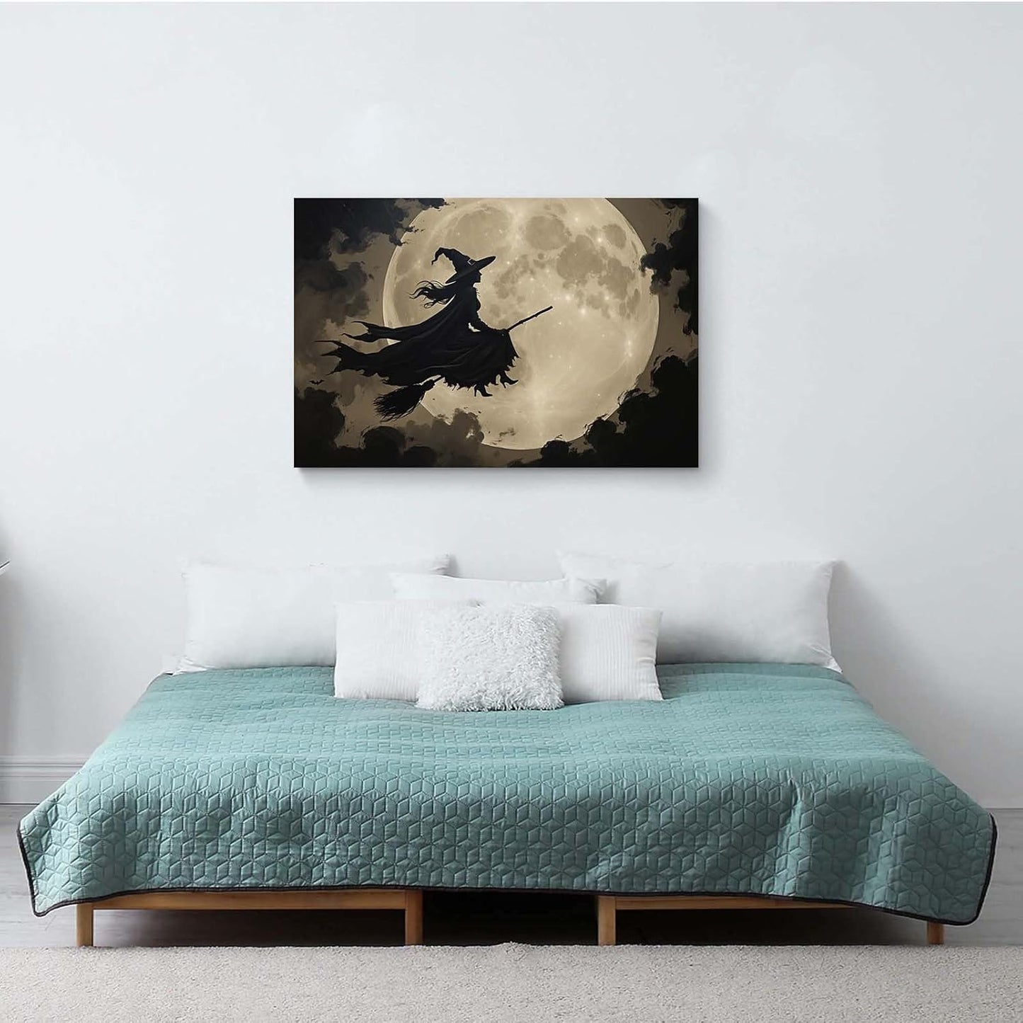 JFHCQJPK Full moon witch silhouette poster witch on magic broom Halloween mural poster decorative mural art suitable for home living room bedroom28x40in Frameless
