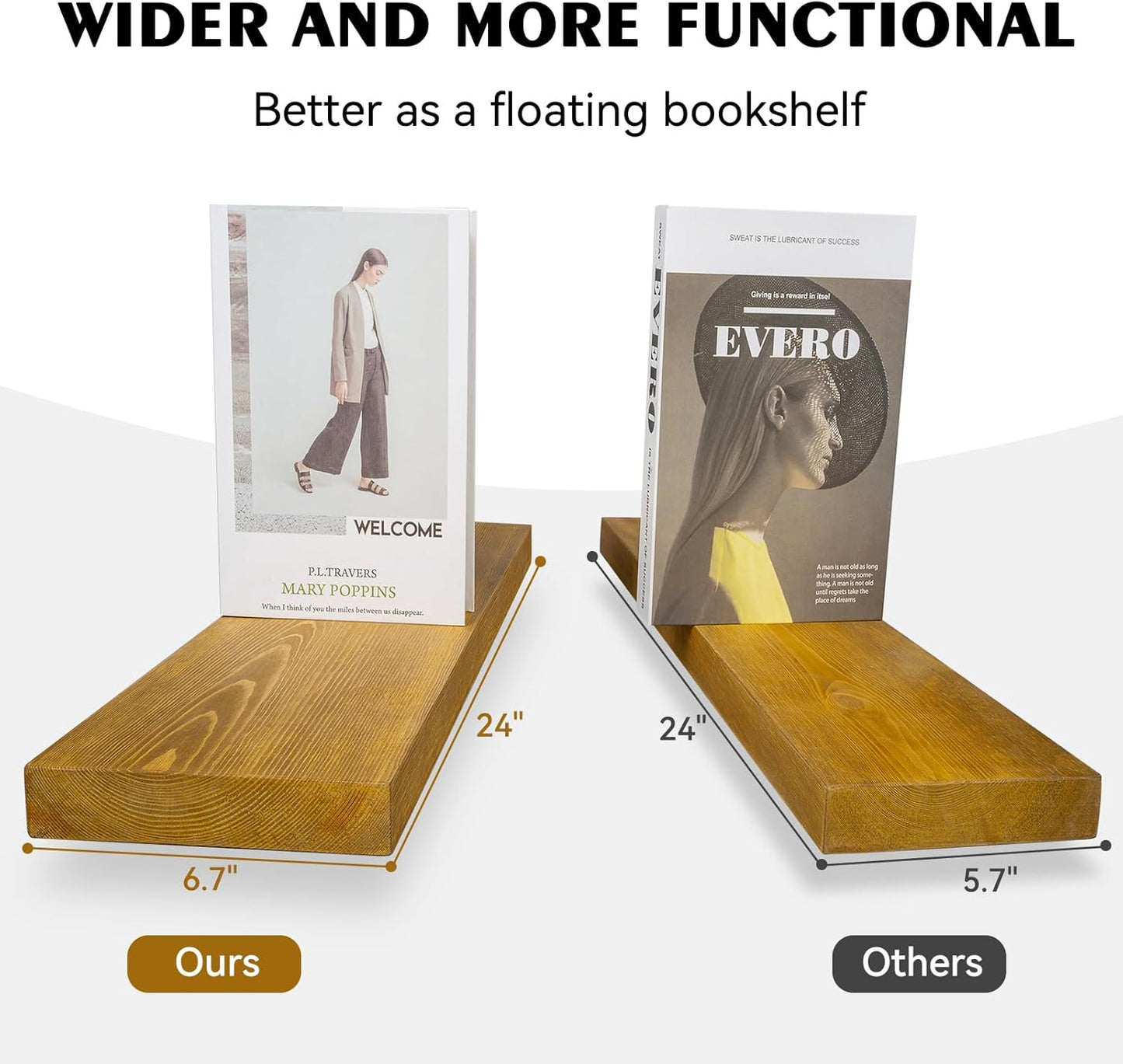 BGMG Wood Floating Shelves for Wall 36 inch Set of 2,Rustic Wooden Wall Mount Shelves for Bathroom Living Room Bedroom Kitchen Farmhouse-36x 6.7 x1.25 inch- Gold Oak