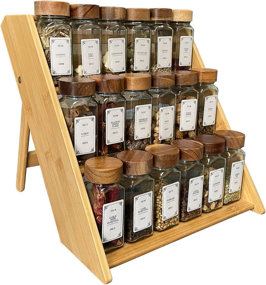 Bamboo Spice Rack Organizer - 3 Tier Foldable Wooden Spice Rack for Countertop, Cabinet & Drawer- Organic Bamboo-Extra Sturdy Wooden Spice Shelf, No Spice Jars Included