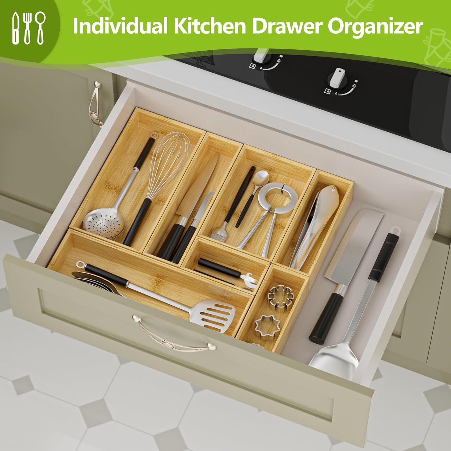 Silverware Bamboo Drawer Organizer Tray, 4 PCS Kitchen Drawer Organizer Storage for Utensil Cutlery, Bathroom, Office Desk, Makeup