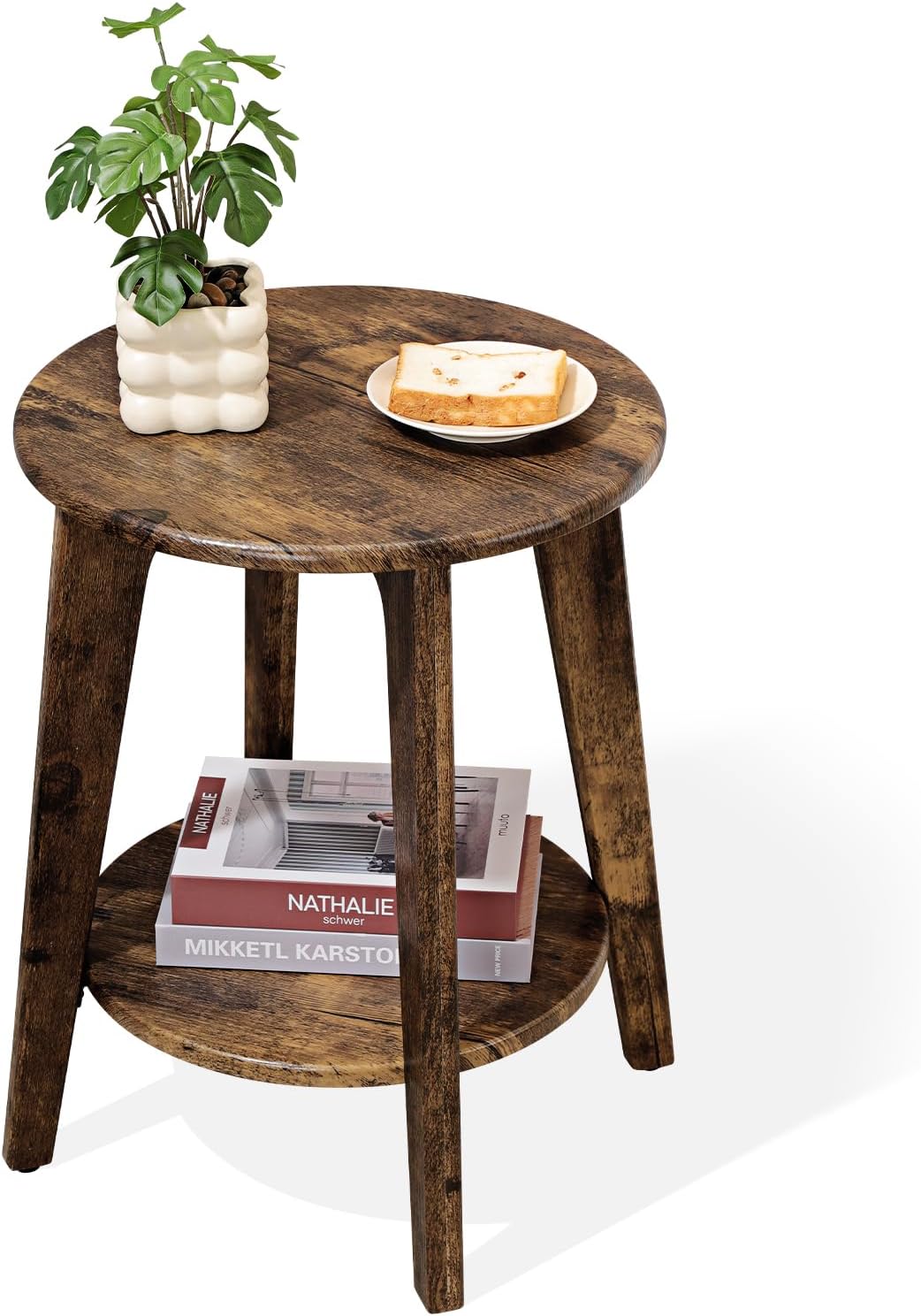Small Round Side Table Wooden End Table with Lower Shelf Modern Nightstand Bedside Table for Small Spaces, Living Room, Bedroom Retro Brown