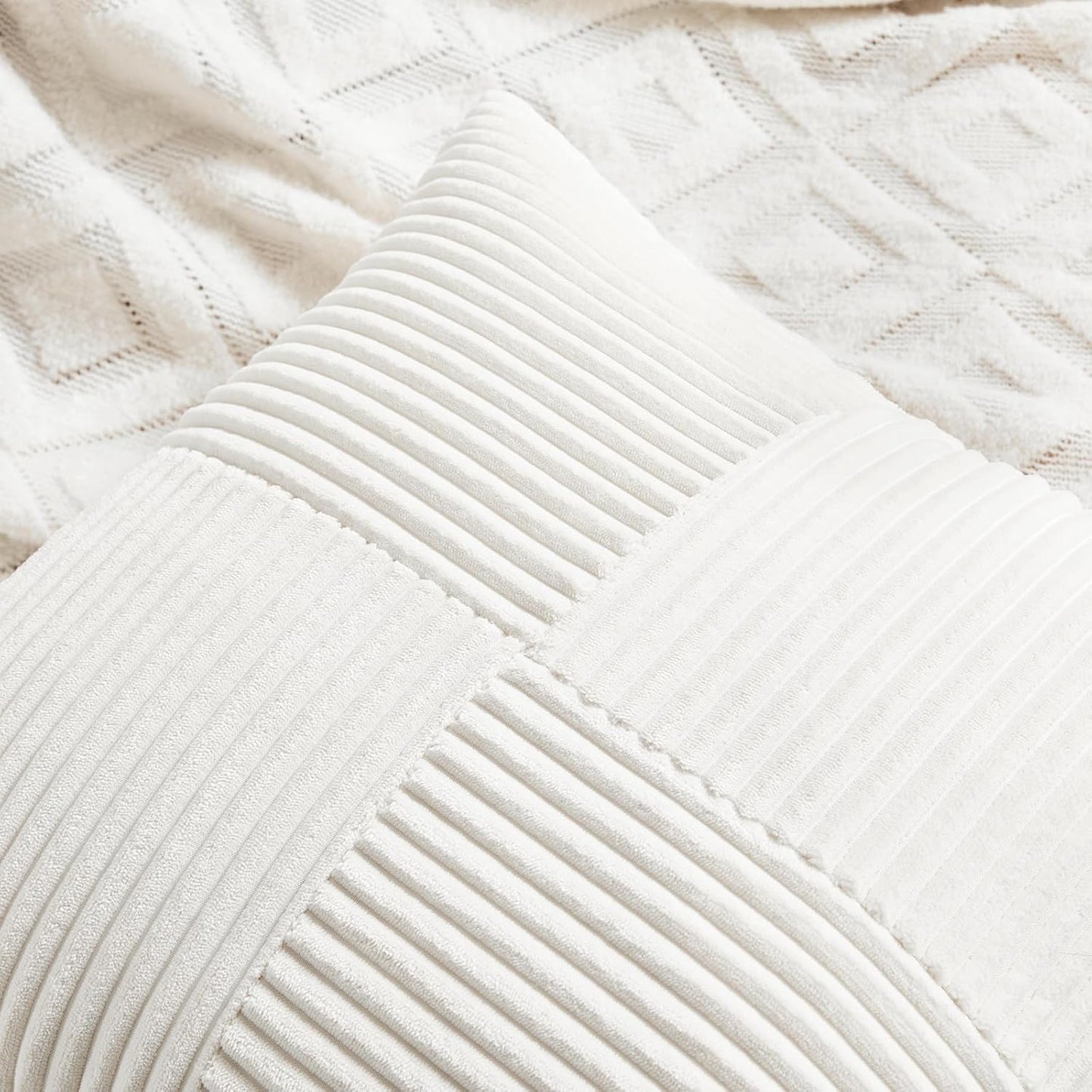 Fancy Homi 2 Packs Cream White Decorative Throw Pillow Covers 22x22 Inch for Living Room Couch Bed, Rustic Farmhouse Boho Home Decor, Soft Corss Corduroy Patchwork Accent Square Cushion Case 55x55 cm