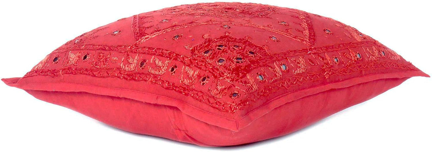 Eyes of India Embroidered Decorative Boho Throw Pillow Cover with Mirrors, Handmade Bohemian Accent Cushion Case for Sofa Couch Bedroom Living Room (Red, 16" x 16")