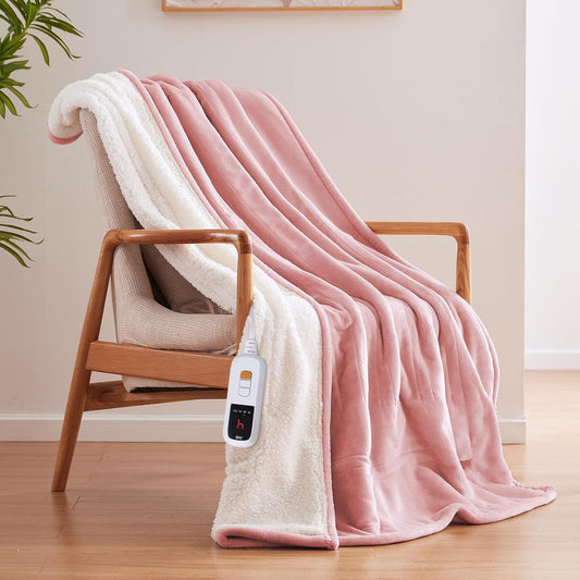 Sealy Electric Blanket Throw Size 50"*60",Super Cozy Flannel to Sherpa Reversible Heated Blanket Throw with 6 Heating Levels & 2-10 Hours Auto Off Overheating Protection Machine Washable,Pink