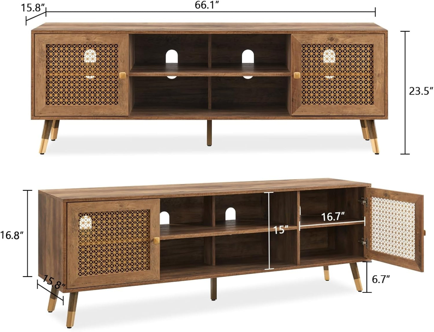JYED Mid Century Modern TV Stand and Console for TVs Up to 75 inch - Rustic Oak Entertainment Center, 2 Gold Metal Mesh Doors & MDF Wood Grain, 15.8" D x 66" W x 23.5" H