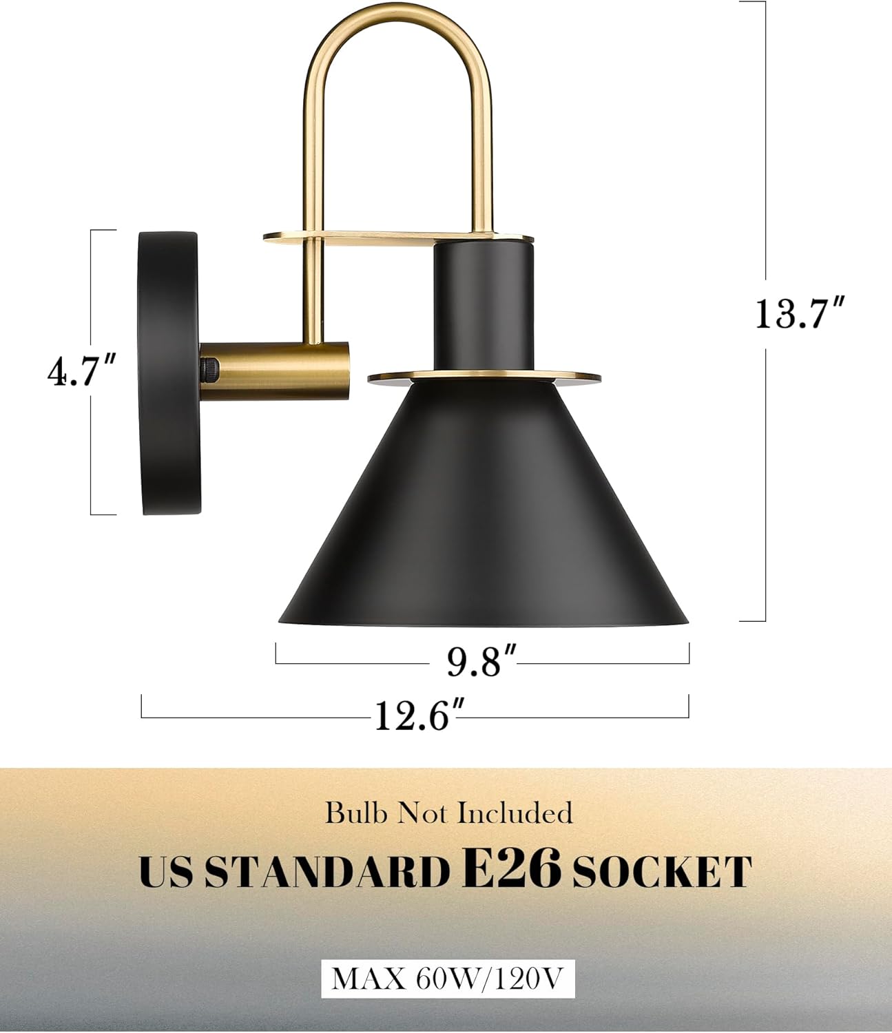 Wall Sconces Set of Two, HWH Modern Sconce Wall Lighting, 1-Light Gooseneck Barn Vanity Light, Industrial Wall Lamp for Bedroom Kitchen Bathroom, Black and Gold Finish, 5HZG56B-2L BK+BG