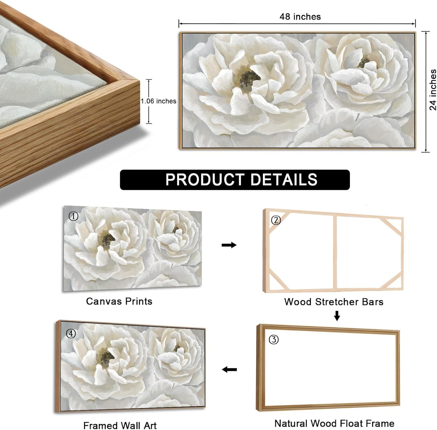 arteWOODS Cream White Flowers Framed Wall Art - Soft Peony Pictures for Wall Decor Elegant Blossom Flower Painting Artwork Botanical Prints for Living Room Home Office Wall Decoration 24" x 48"