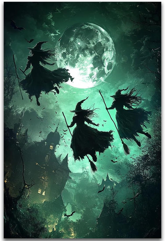 Flying Three Witches Halloween Canvas Wall Painting,Witches on Broom Under Full Moon Castle Victorian Decoration Haunted House Retro Poster for Living Room Bedroom Gallery,16"x24" Unframed