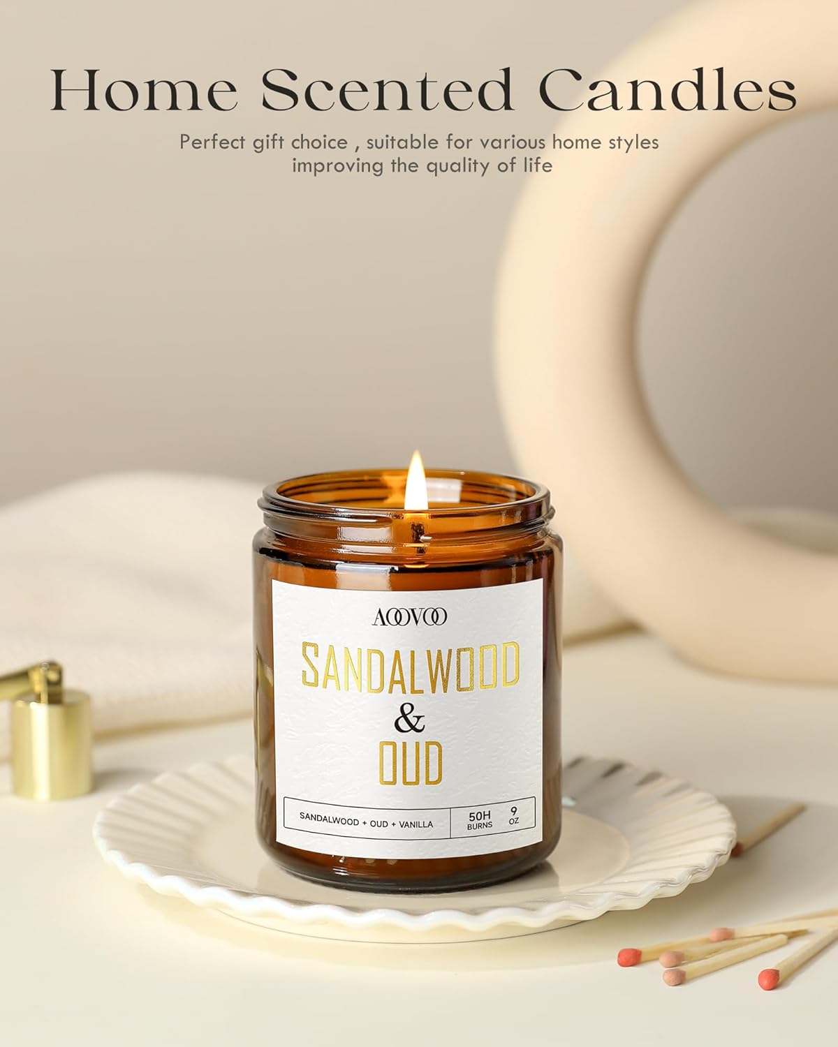 AOOVOO Sandalwood Oud Candle - Sandalwood Candle, Scented Candles, Soy Candles for Home Scented, 9oz