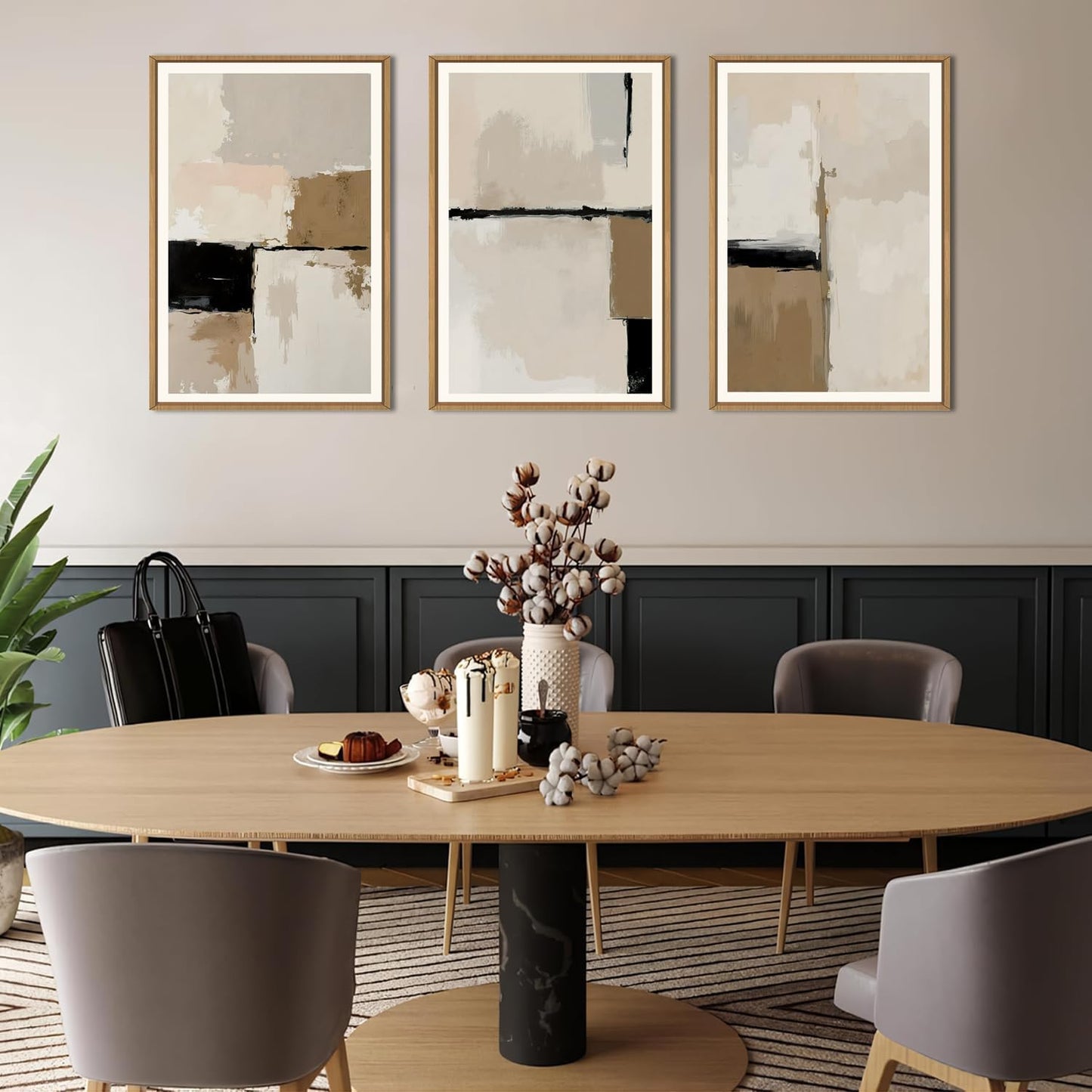 HPINUB Large Modern Abstract Framed Canvas Wall Art Set,Geometric Line Black White and Beige Textured Wall Decor Neutral Gray Minimalist Art Print for Living Room,Bedroom,Office -24"x36"x3