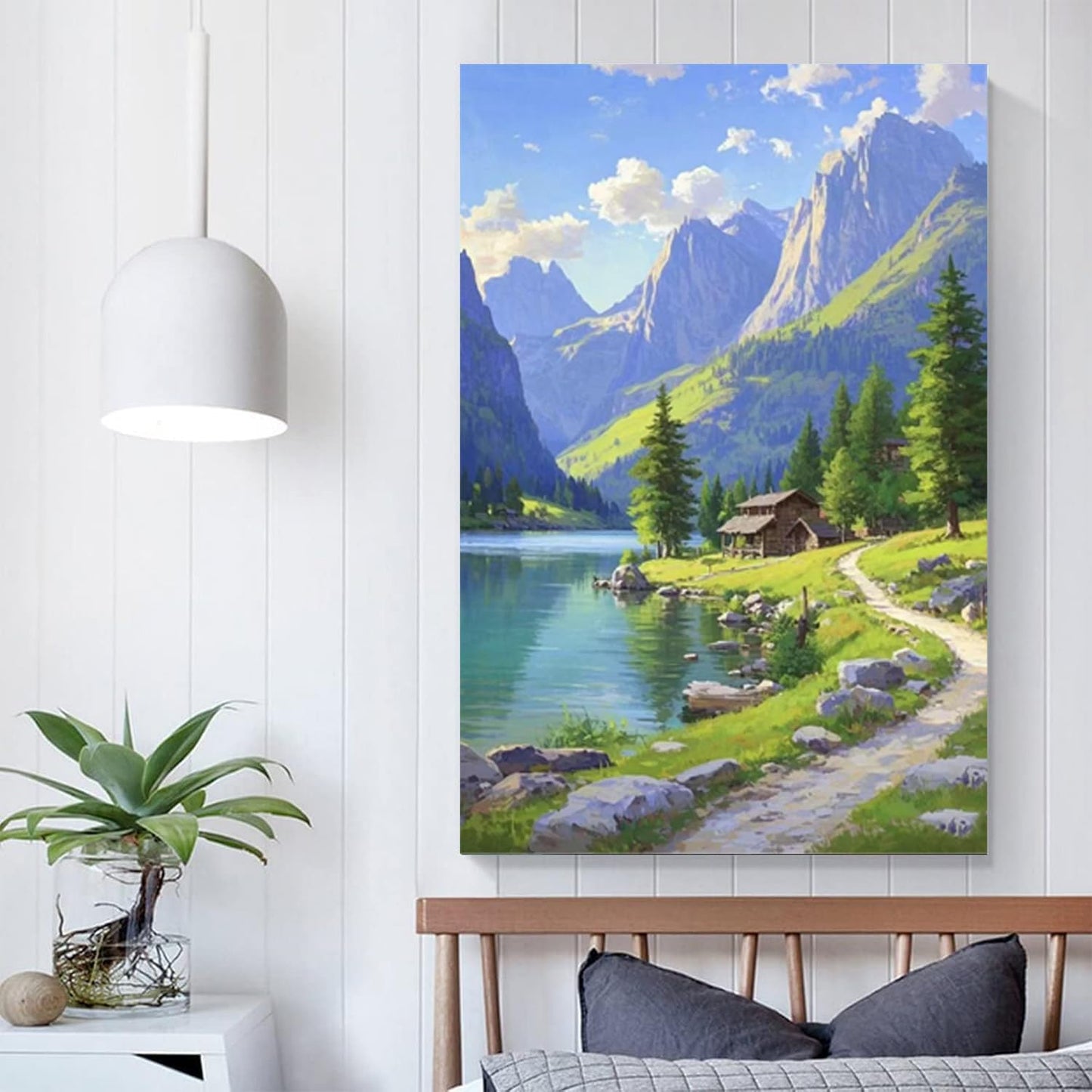 Landscape wall painting of mountain forest lakeside cabin under blue sky and white clouds natural oil painting poster suitable for living room bedroom office