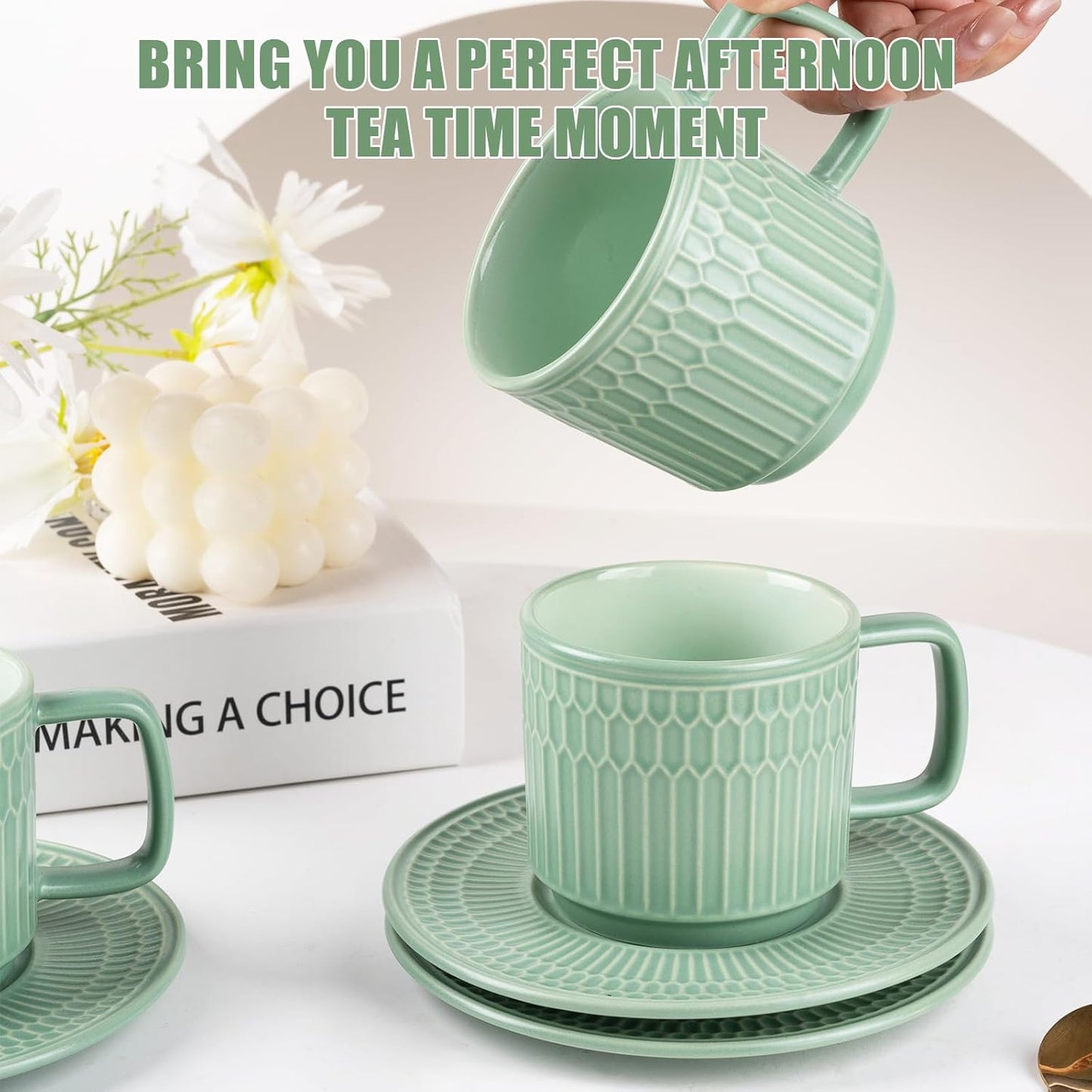 Large Cappuccino Cups with Saucers Set of 4, 8 Ounce Stackable Embossed Ceramic Coffee Mugs for Specialty Coffee Drinks, Latte, Cafe Mocha and Tea, Dishwasher & Microwave Safe (Green)