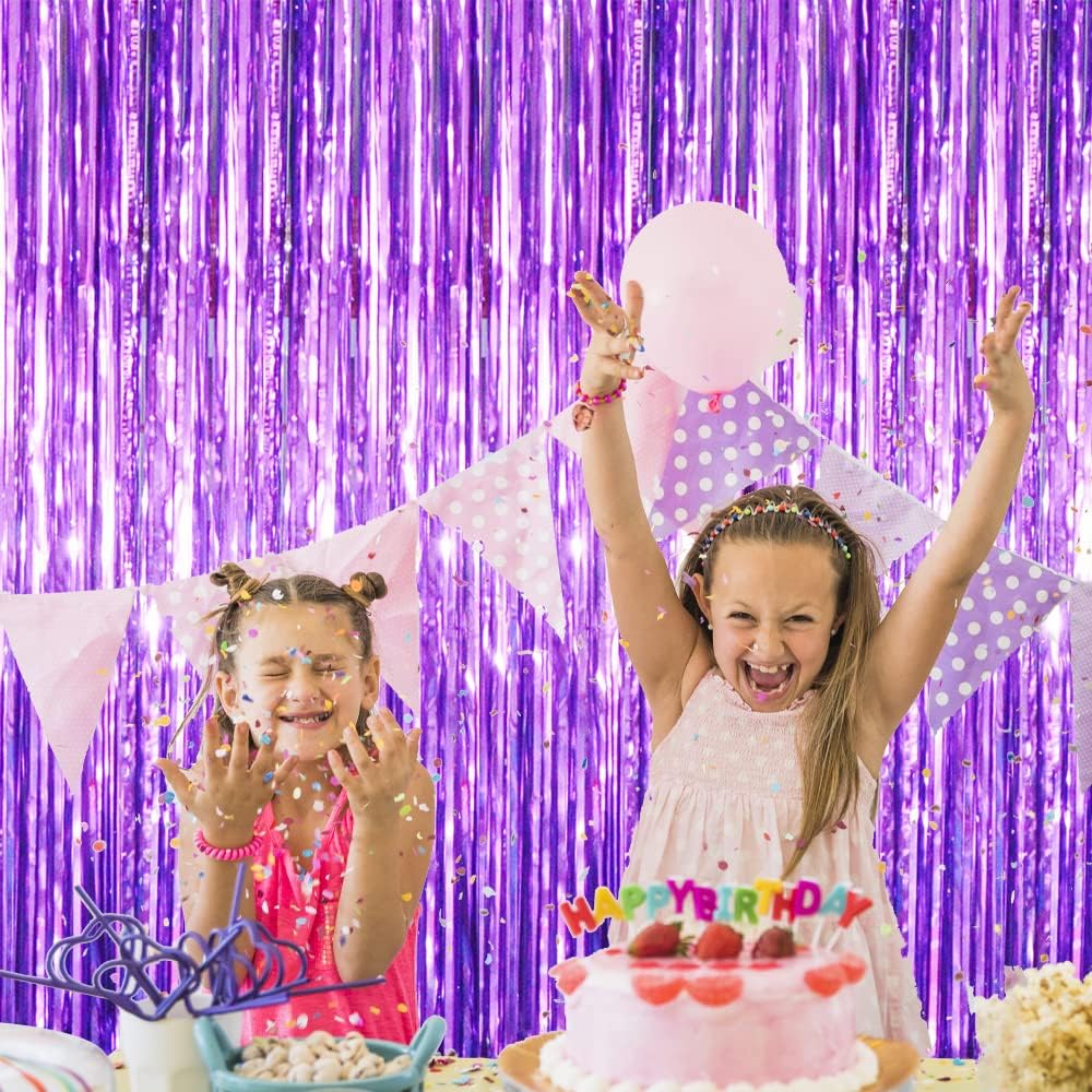 GOER 3.2 ft x 8.2 ft Metallic Tinsel Foil Fringe Curtains Party Photo Backdrop Party Streamers for Halloween Birthday,Graduation,New Year Eve Decorations (3 Packs,Purple)